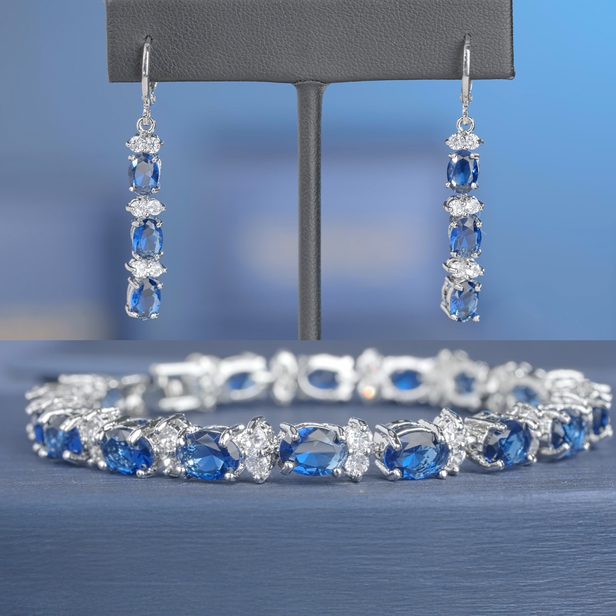 thumbnail video image 2 of Gem Stone King 7 inches Blue and White CZ Bracelet Set With Matching 2 inches Oval Dangle Earrings, 2 of 4