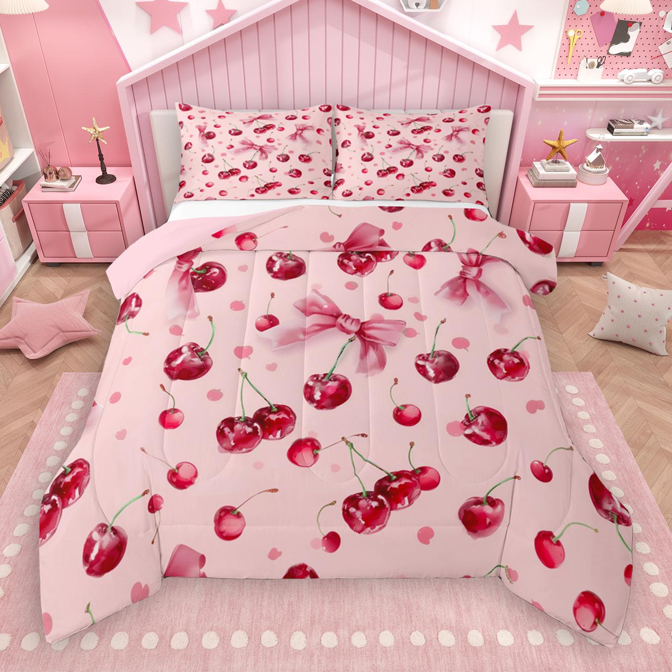thumbnail video image 2 of Manfei Kawaii Bow Tie Full Size Comforter Sets,Sweet Cherry Bedding Comforter Set,Rustic Flower Floral Bedding Sets For Girls,Ultra Soft Home Decor Reversible,3-Piece, 2 of 9
