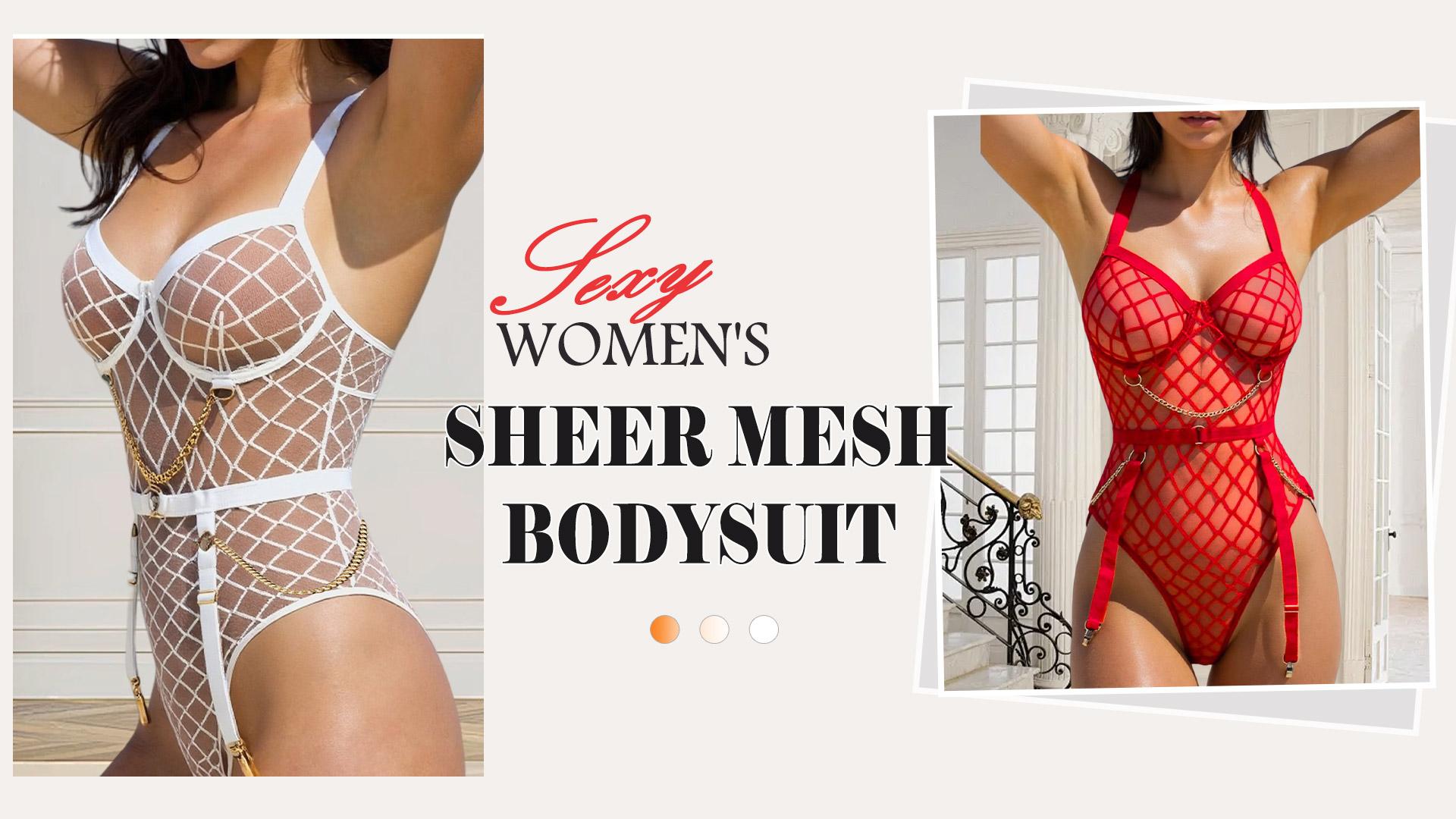 thumbnail video image 2 of Ausing Bodysuit Lingerie for Women Mesh Teddy One Piece Garter Belt Mini Babydoll See Through Plus Size Adjustable Underwear White M, 2 of 7