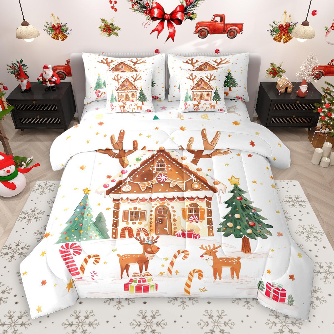 thumbnail video image 2 of Manfei Merry Christmas 7pcs Bedding Comforter Set,Kawaii Gingerbread House Queen Bedding Sets,Pink Brown Queen Sheet Sets For Girls Teens,Luxury Bedroom Decor Reversible, 2 of 9