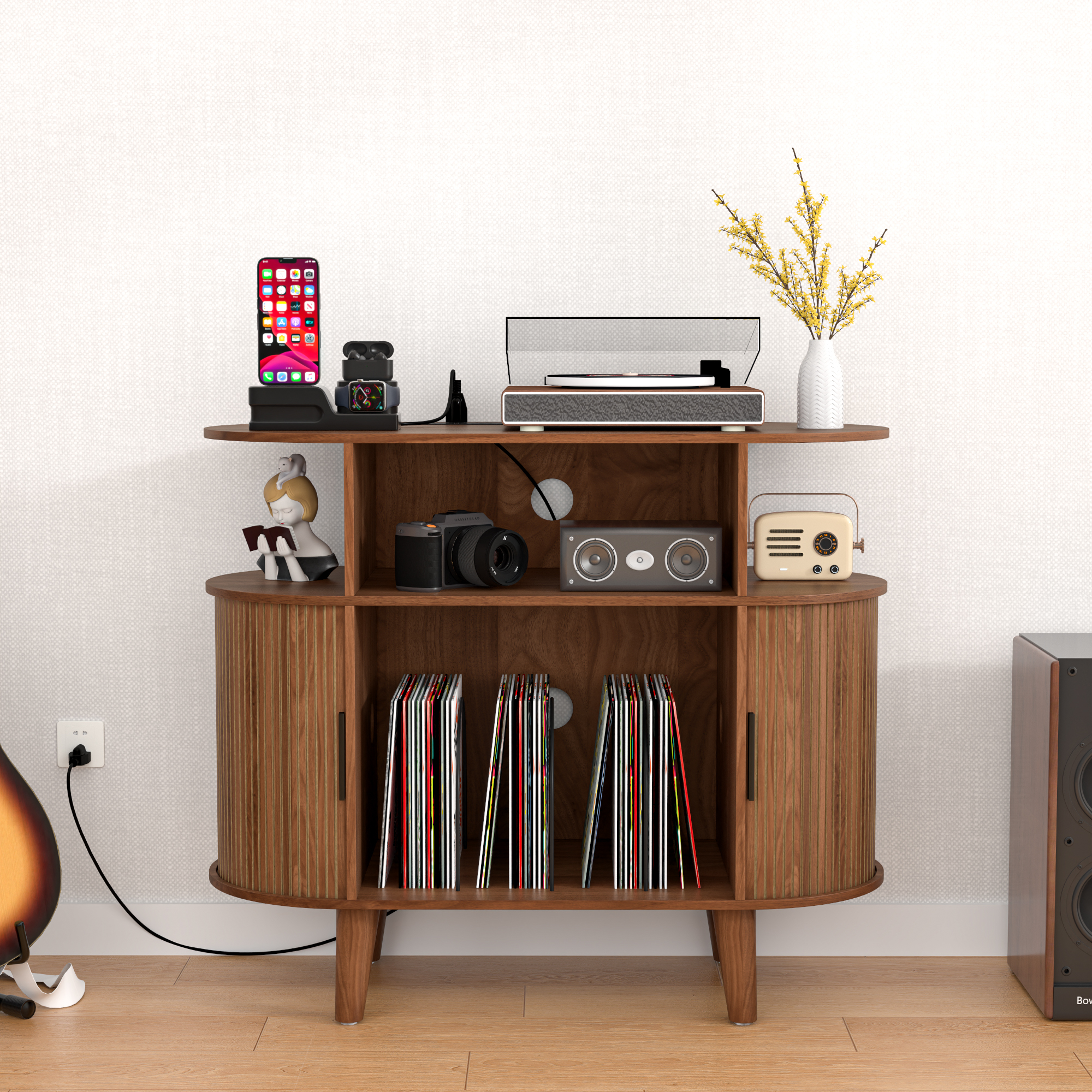 thumbnail video image 2 of Record Player Stand, Mid Century Modern Record Storage Cabinet with Charging Station & USB Ports, Vinyl Storage, Oak, 2 of 8