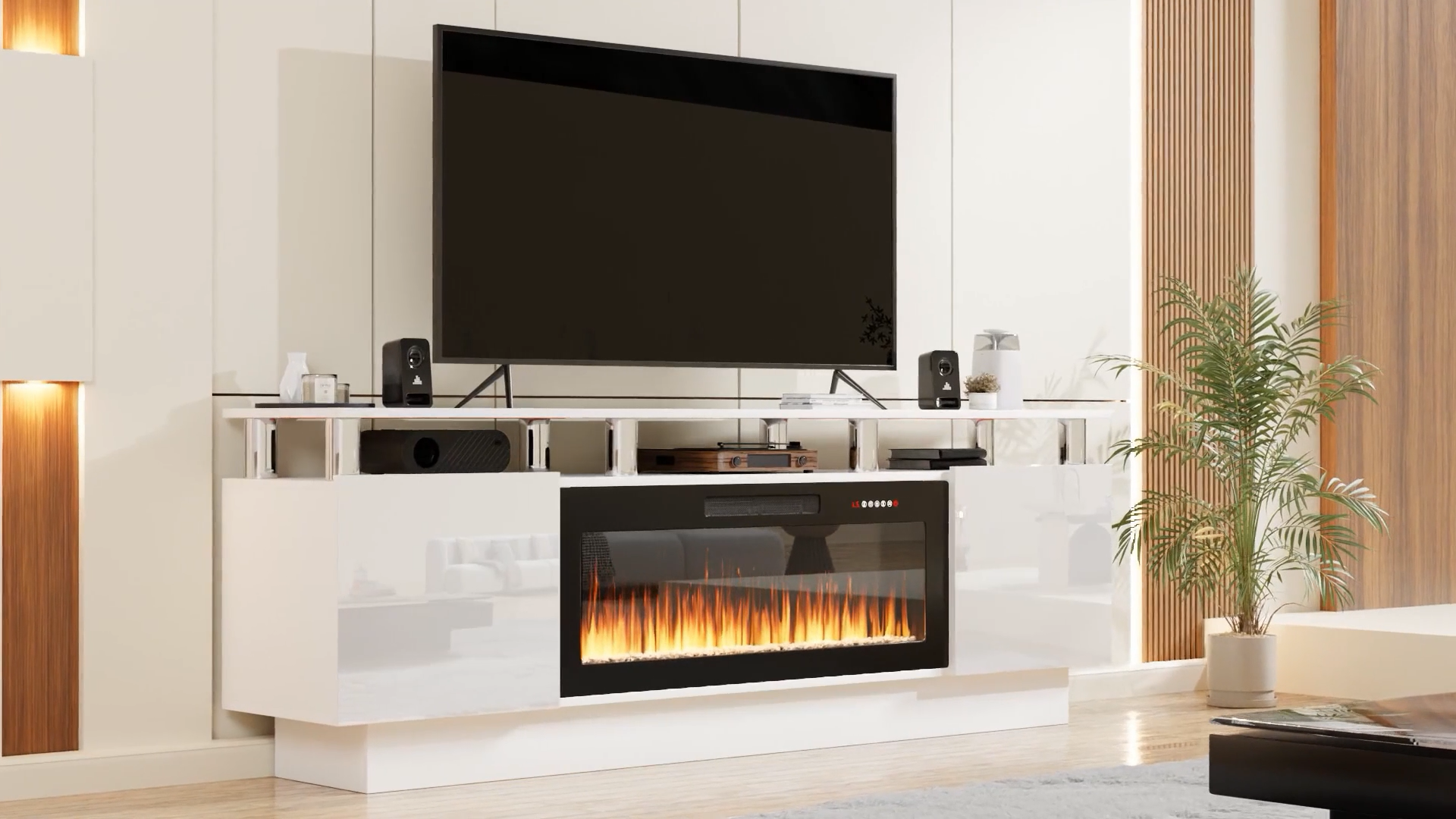 thumbnail video image 2 of BOSSIN Fireplace TV Stand with 36" Electric Fireplace for Living Room,LED Light Entertainment Center,2 Tier TV Console Stand for TVs Up to 80", 2 of 8