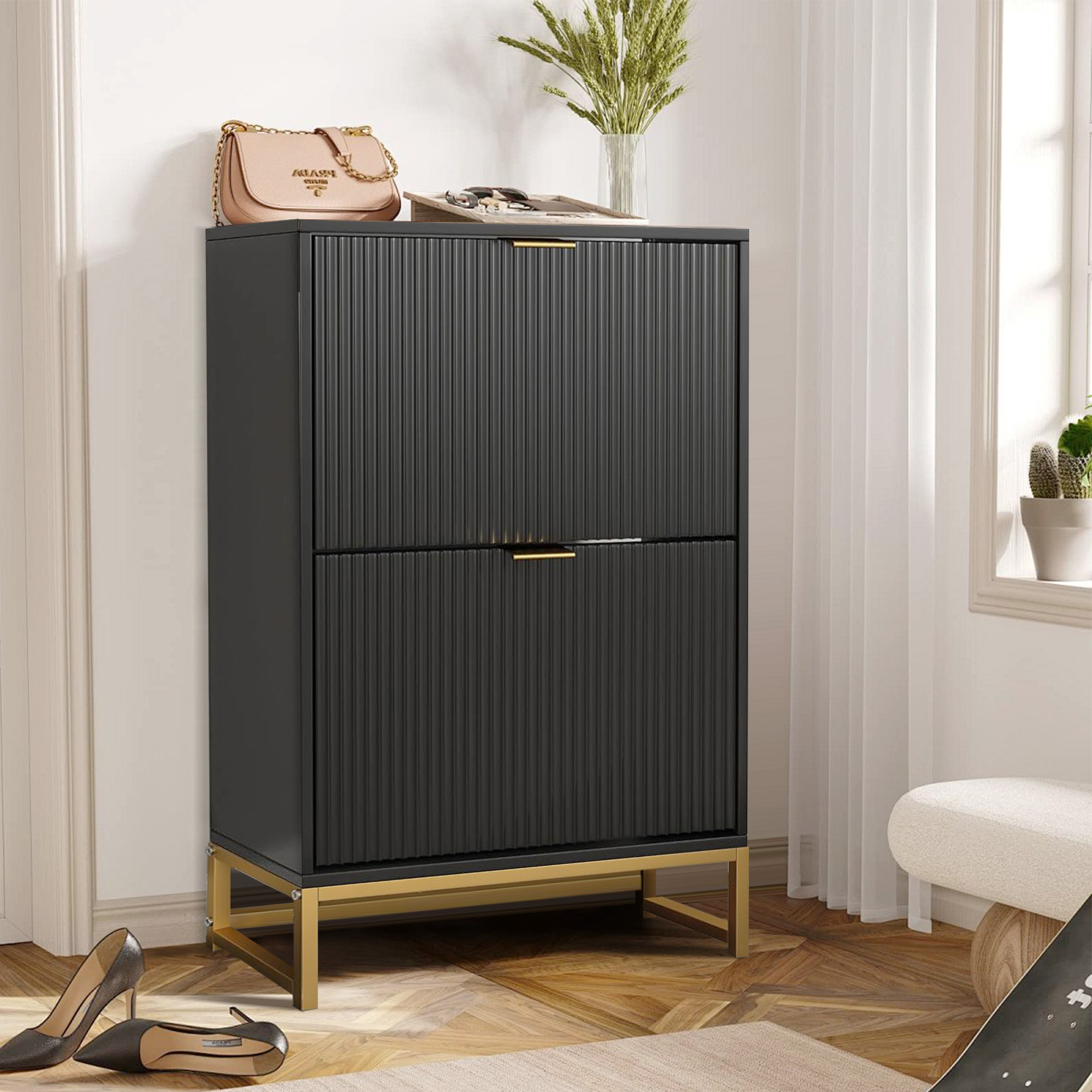 thumbnail video image 2 of Shoe Storage Cabinet, Shoe Cabinet with 2 Flip Drawers, Narrow Shoe Rack Organizer for Entryway (Black), 2 of 8