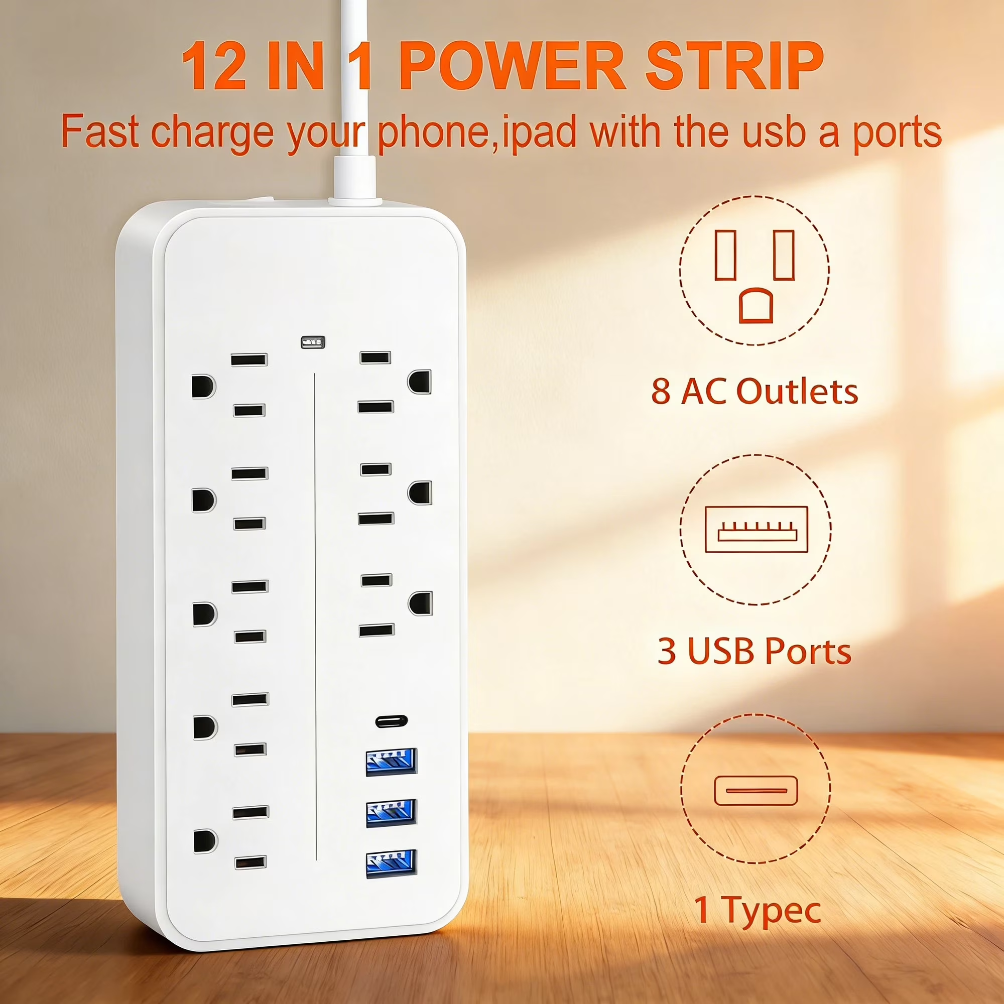 thumbnail video image 2 of Surge Protector Power Strip, 8 Outlets with 4 USB Ports (1 USB C),Flat Plug Power Strip with 4 Feet Extension Cord, Wall Mount, Desk USB Charging Station for Home, Office, ETL,1700 Joules,White, 2 of 8