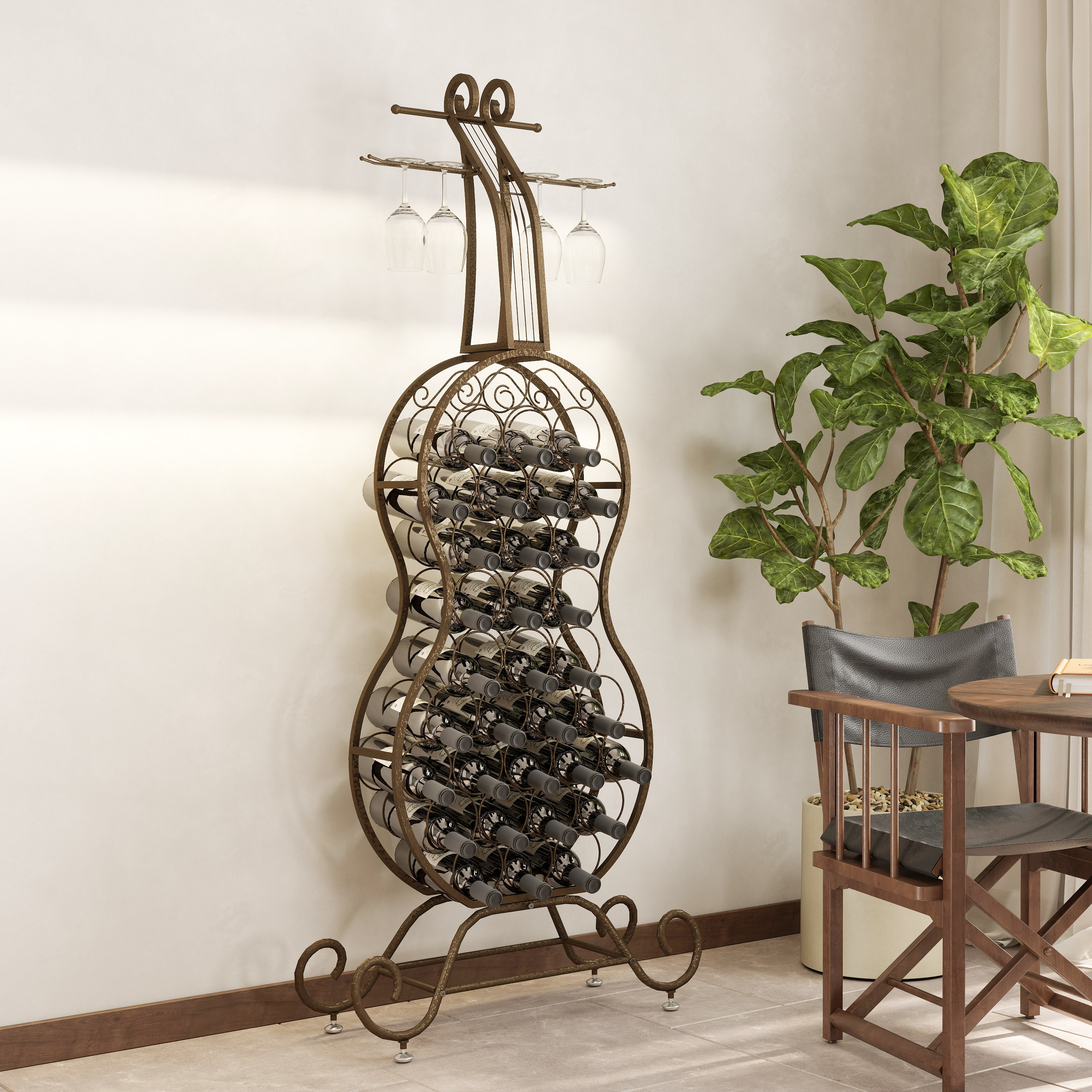 thumbnail video image 2 of JRHRXXY Metal Wine Rack with Cello-Shaped,32-Bottle Wine Storage for Dining Room,Office,Bar,Gift, 2 of 12