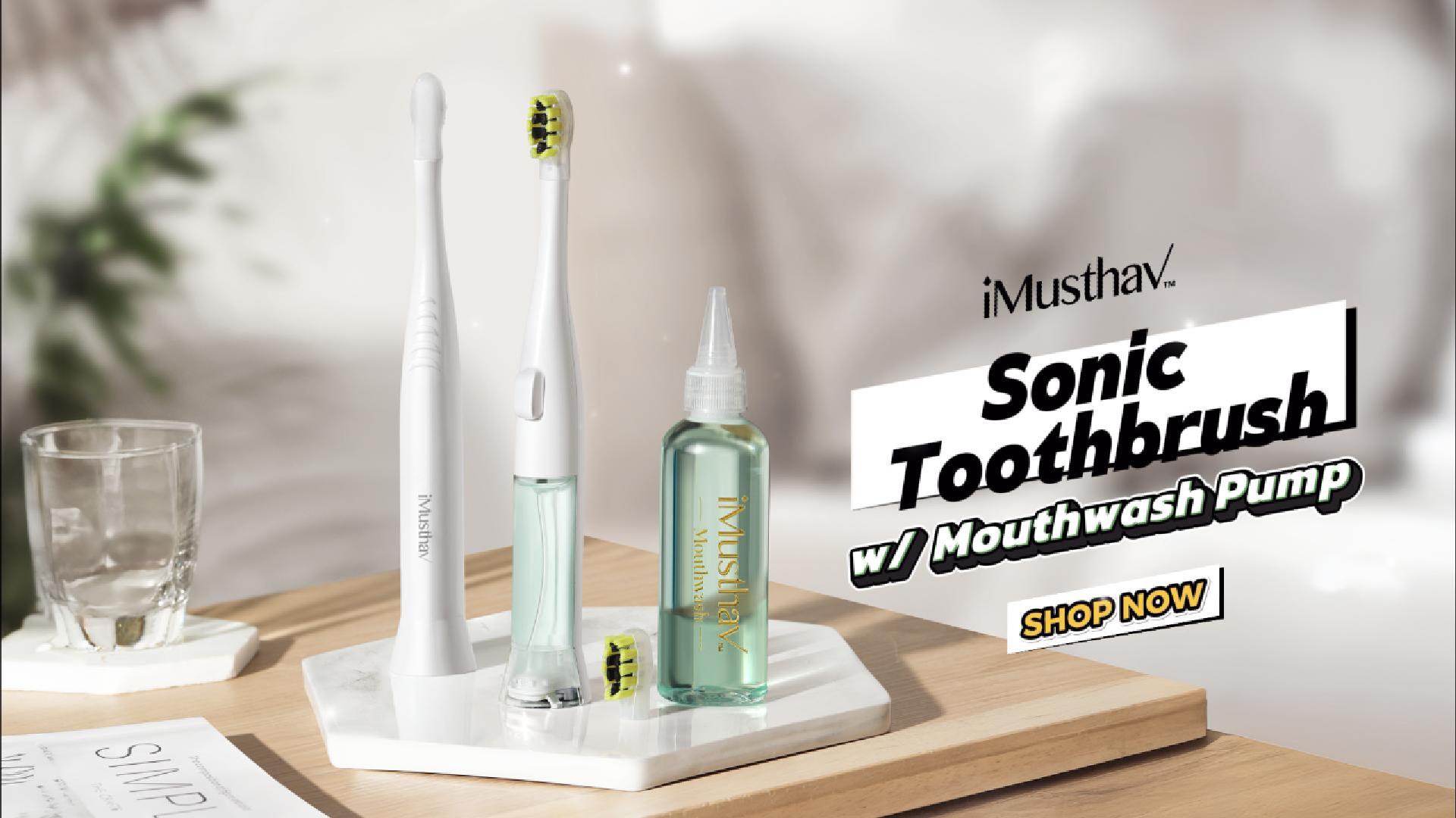 thumbnail video image 2 of iMusthav SonicPump Sonic Electric Toothbrush with Mouthwash Pump – Gentle Bristles, Smart Timer for Kids & Adults, Home, Office or Travel with Mouthwash & Spare Heads, 2 of 9