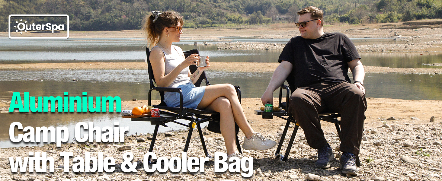 thumbnail video image 2 of Aluminium Folding Camping Chair for Adults with Table&Cooler Bag,Lightweight Compact Lawn Chair,Padded Directors Chair for Beach,Camp,Lawn,Outdoor,Black, 2 of 11