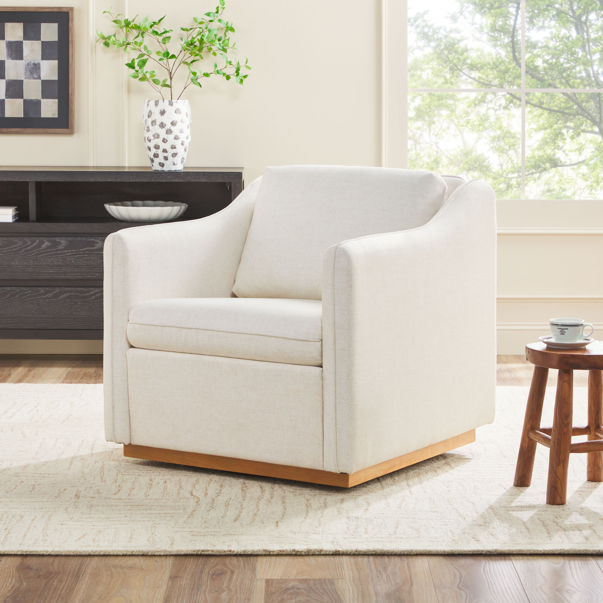 thumbnail video image 2 of Walker Edison Modern Farmhouse Easy Assembly Linen Accent Chair, Cream, 2 of 15