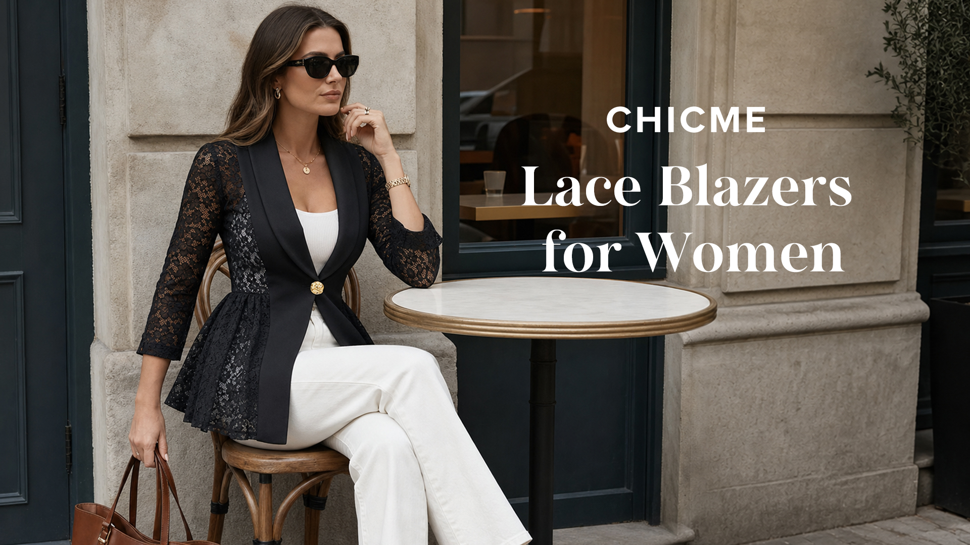 thumbnail video image 2 of ChicMe Women's Lace Blazer Patchwork Lapel 3/4 Sleeve Lightweight Dressy Work Suit Jacket Trendy Business Casual Blazers White-L, 2 of 9