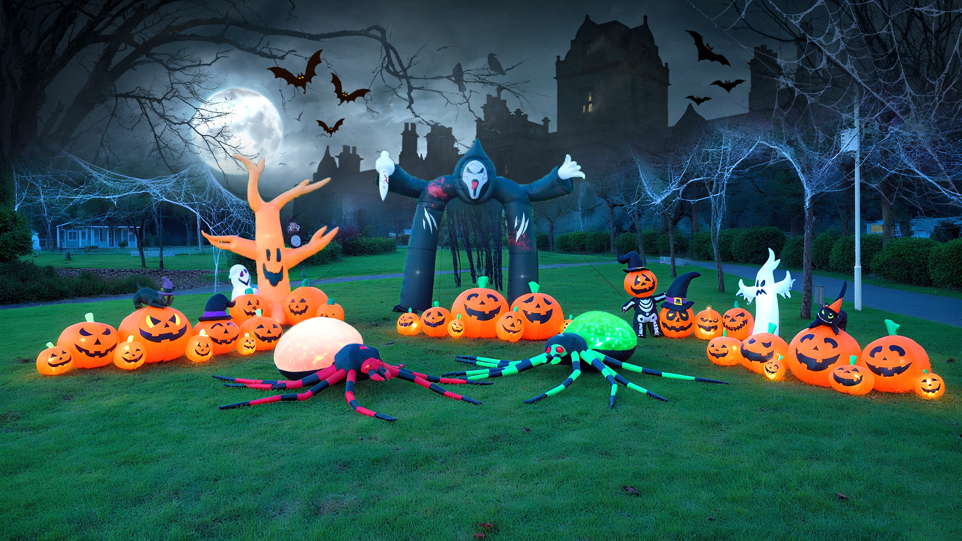 thumbnail video image 2 of Yexmas 8.5FT Long Halloween Inflatables Pumpkin,8 Pumpkins Halloween Blow Ups with Black Cat & Witches Hat for Halloween Party Outdoor Yard Garden Lawn Decor, 2 of 8