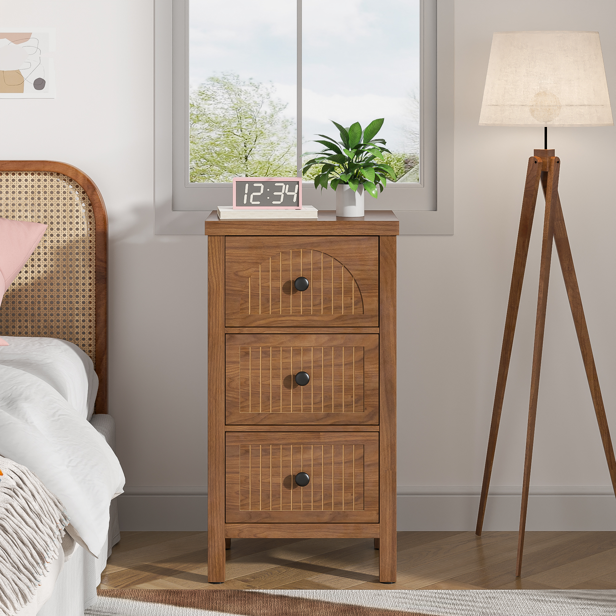 thumbnail video image 2 of Oubayajia 3 Drawers Nightstand Set of 2, Wooden Storage Chest of Drawers for Living Room, Walnut Finish, 2 of 8