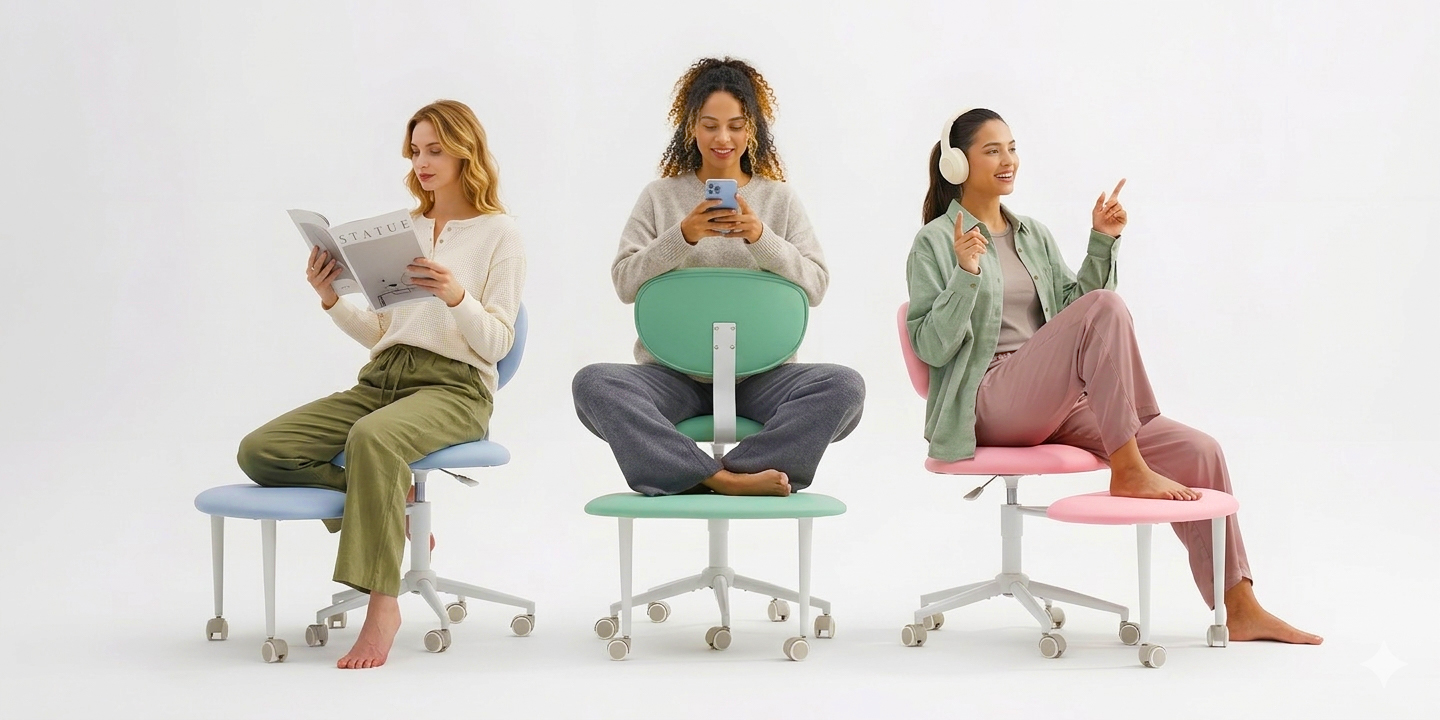 thumbnail video image 2 of Pinmoco Ergonomic Criss Cross Chair with Wheels, Swivel Armless PU Leather Office Chair, Wide Seat Vanity Chair, Blush Pink, 2 of 10