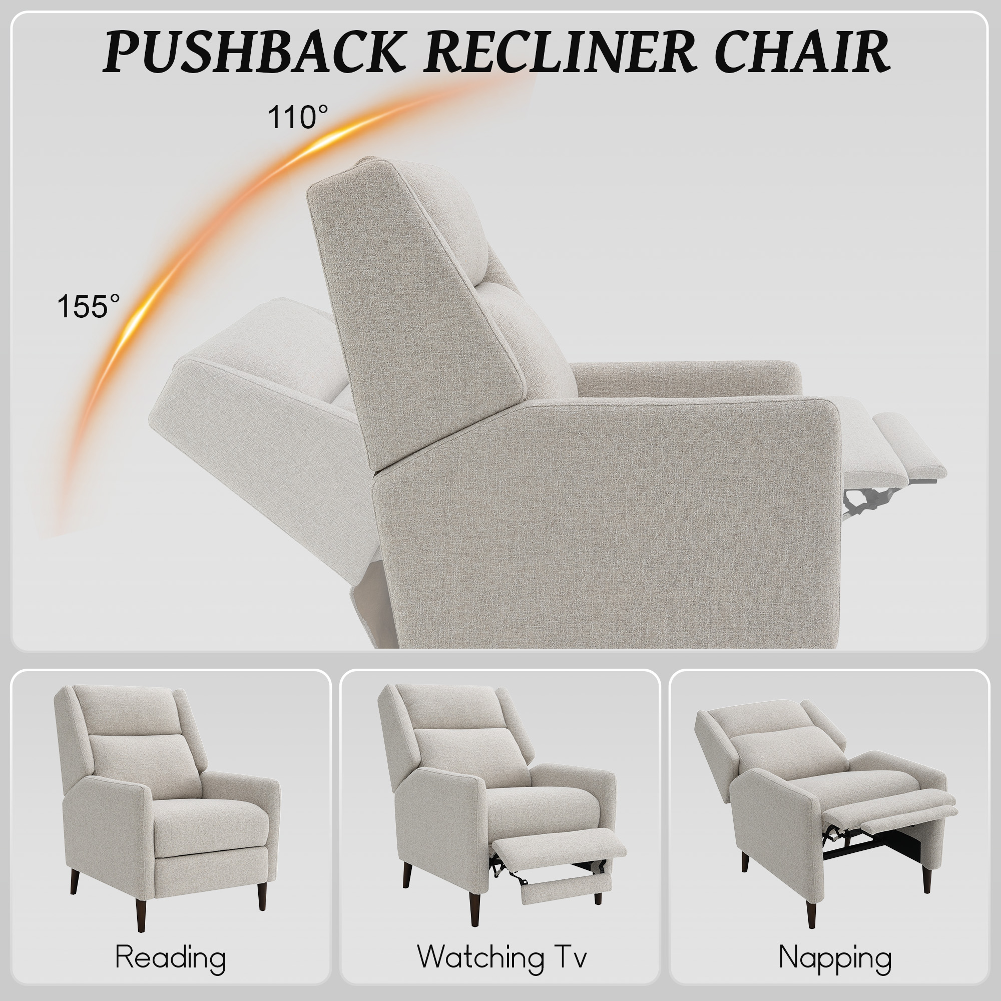 thumbnail video image 2 of Leovanni Mid Century Modern High Back Manual Pushback Recliner Faux Leather Armchair with Wood Legs for Living Room, Brown, 2 of 11