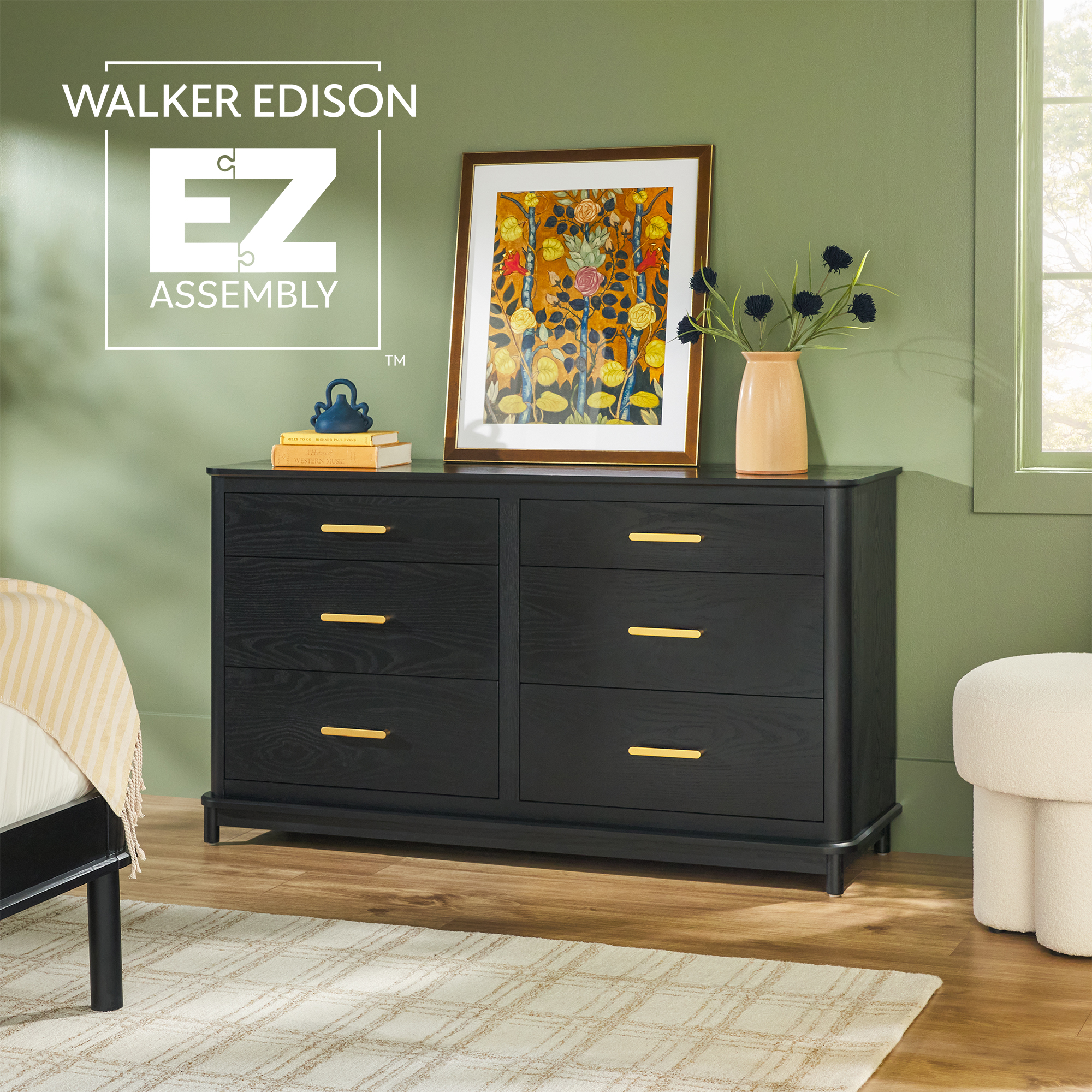 thumbnail video image 2 of Walker Edison Contemporary 6-Drawer Dresser with Ultra-Easy Drawer Assembly - English Oak, 2 of 15