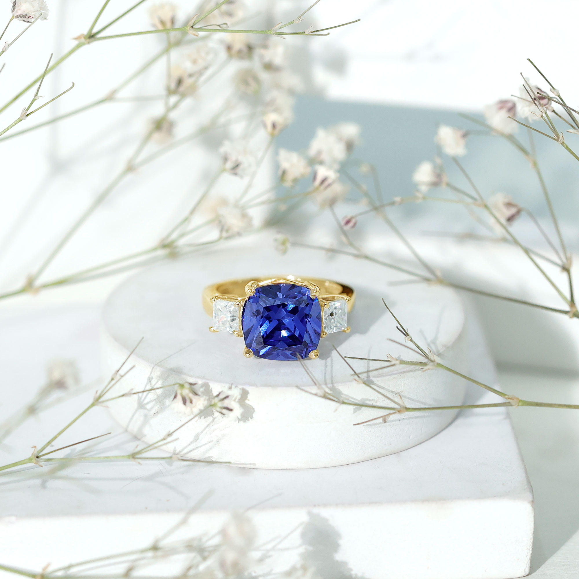 thumbnail video image 2 of Rosec Jewels Lab Grown Blue Sapphire Cushion Cut Engagement Ring for Women - 10mm - AAAA Grade - Certified Sapphire Moissanite Ring, 14K White Gold, US 11.50, 2 of 9