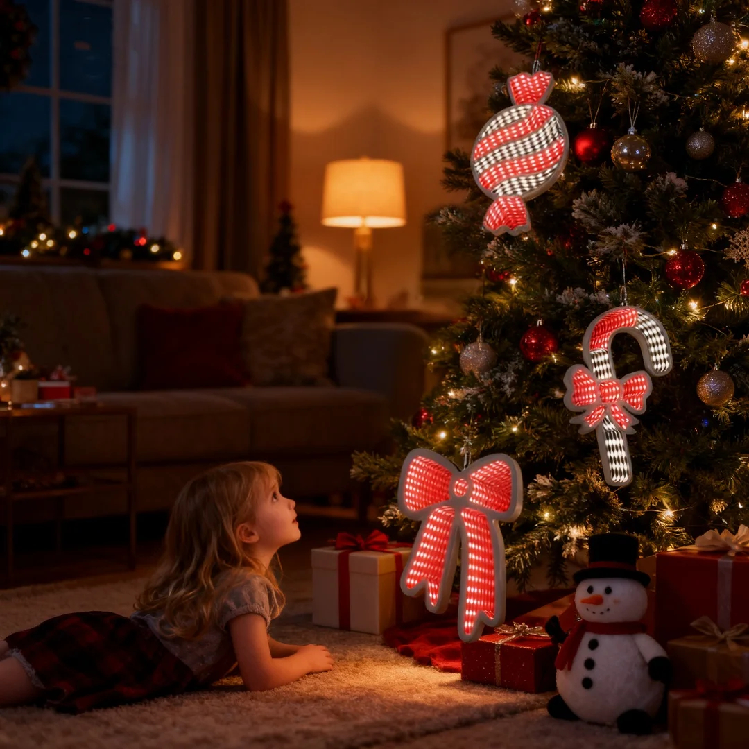 thumbnail video image 2 of Beatineon 3-Piece Double Sided Christmas Infinity Light Set, Bow Cane Candy Shapes with Mirror Effect, Indoor Decor for Wall Window, Steady Red White Light, 2 of 11