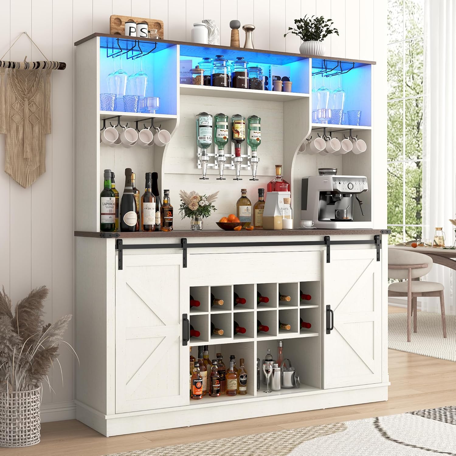 thumbnail video image 2 of ChVans 71'' Farmhosue LED Bar Cabinet with Power Outlet&Sliding Barn Door, Large Rustic Coffee Bar Cabinet with Liquor Dispenser, Drawer, Wine Rack, Hook, Glass Holder, Coffee Bar Hutch for Kitchen, 2 of 9