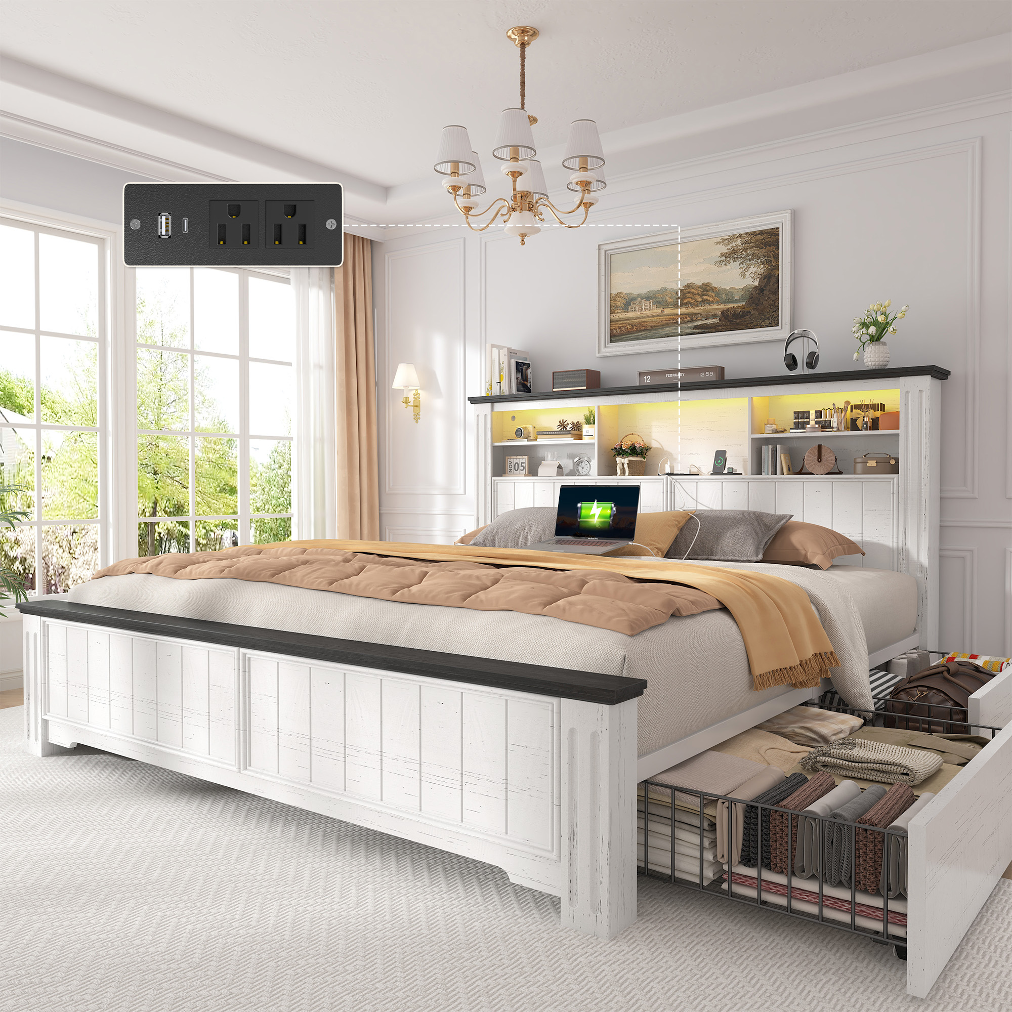 thumbnail video image 2 of EnHomee King Size Bed Frame with 4 Storage Drawers Platform Bed Frame metal with Headboard and Storage Framhouse Bed Frame with LED Lights & Charge Station, White, 2 of 9