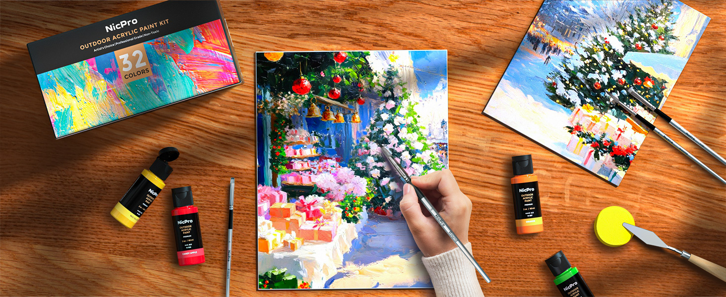 thumbnail video image 2 of Nicpro 32 Colors Outdoor Acrylic Paint Bulk with Brush and Sponge, Knife, Non-Toxic Paint for Multi-surface Rock, Wood, Fabric, Leather, Crafts, Canvas, Shoes and Wall Painting, 2 of 8