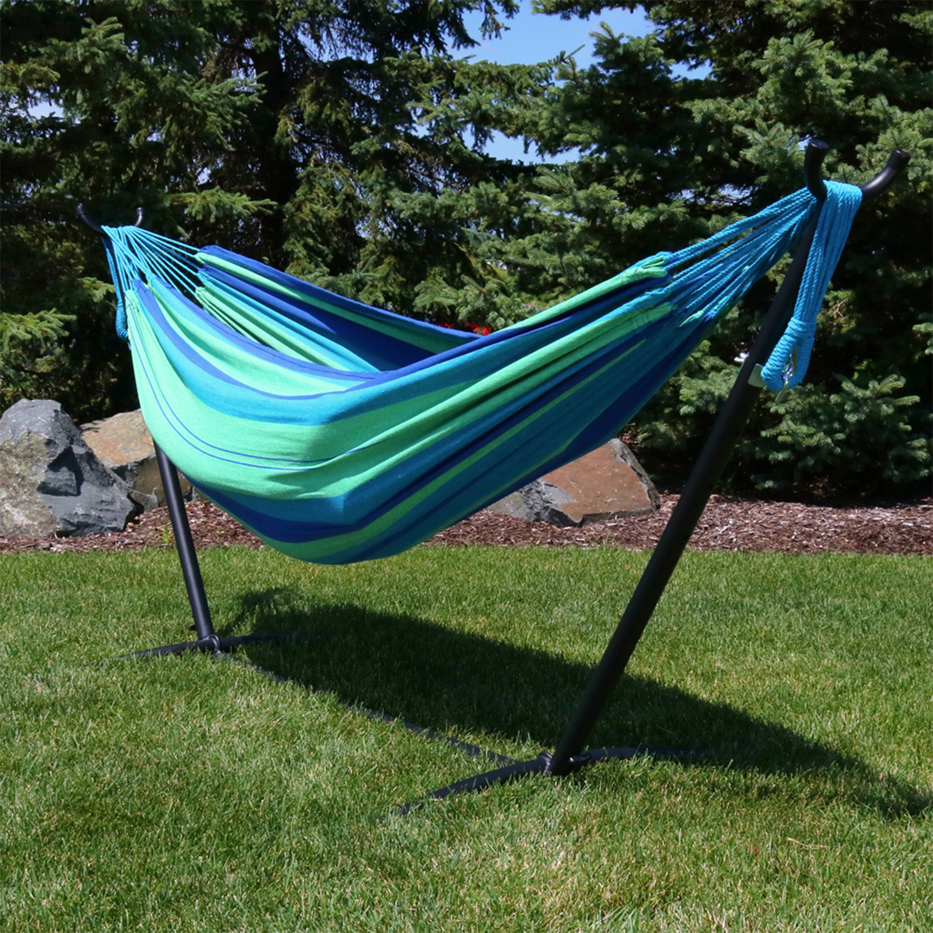 thumbnail video image 2 of Sunnydaze 2-Person Cotton Brazilian Hammock with Stand, 400 lb Capacity - Beach Oasis, 2 of 9