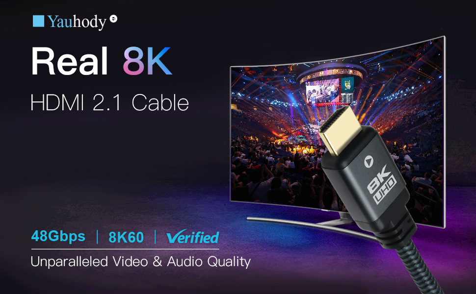 thumbnail video image 2 of Yauhody 8K HDMI 2.1 Cable 30ft, 48Gbps Ultra High Speed Heavy Duty Nylon Braided HDMI 2.1 Cord, Real 8K@60Hz, 10K, 4K@144Hz, 4K@120Hz, eARC, HDCP 2.2 & 2.3, Dynamic HDR, 3D for Monitor, TV (30 Feet), 2 of 9