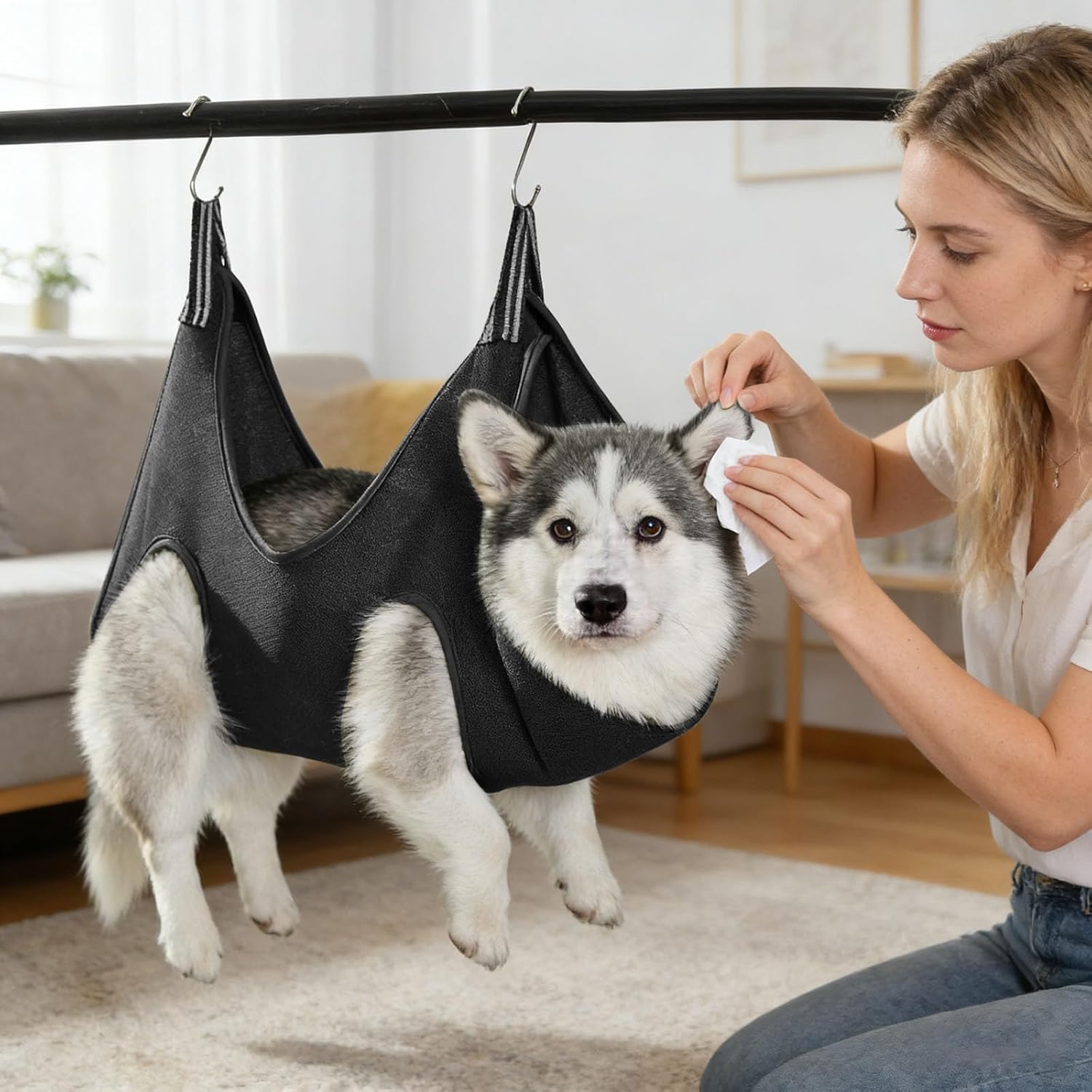 thumbnail video image 2 of Pet Sling for Nail Trimming Dog Grooming Hanging Restraint with Adjustable Straps and Secure Support for Calm Pets and Easy Home Grooming Sessions, 2 of 6