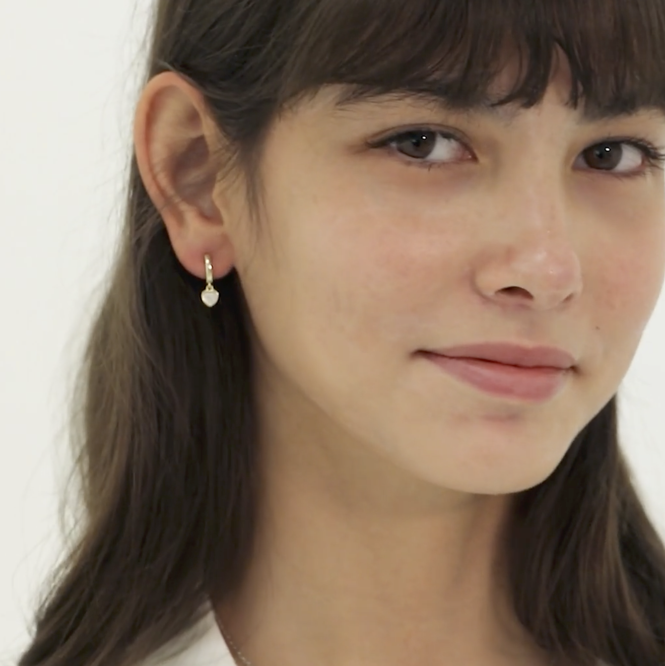 thumbnail video image 2 of 925 Sterling Silver Small Simulated Opal Heart Dangle Hoop Earrings For Girls, 2 of 6