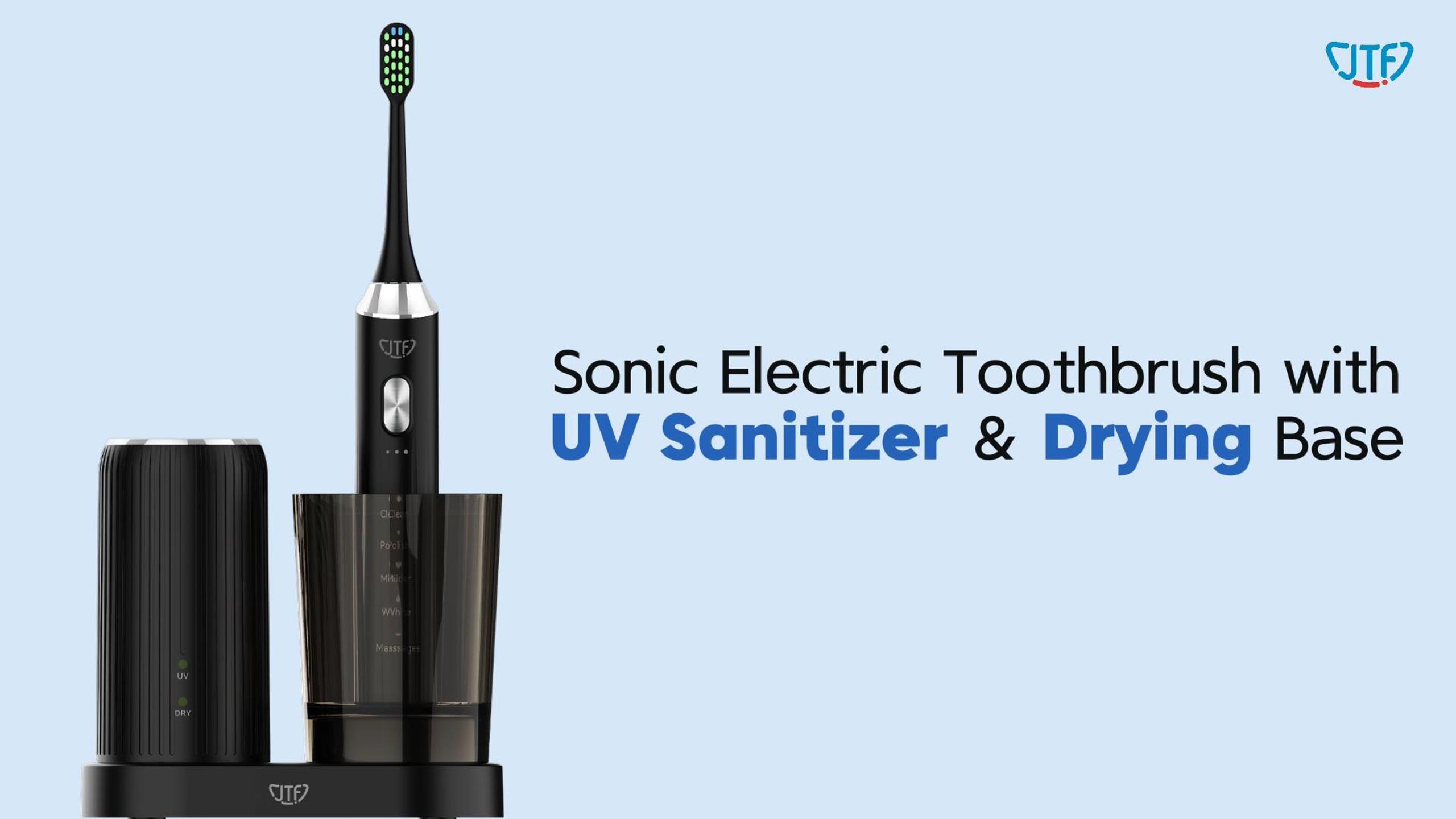 thumbnail video image 2 of JTF Sonic Electric Toothbrush with UV & Drying: 5 Customized Modes for Effective Yet Gentle Cleaning –with 8 Brush Heads, Rinse Cup, Wireless Charging Base, Rechargeable for Daily Care, Home & Travel, 2 of 10