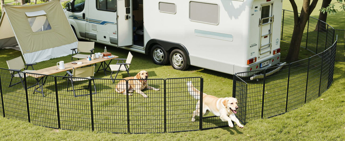 thumbnail video image 2 of SunsGrove Dog Playpen,45 inch 2 Panels Heavy Duty Anti-Rust Pet Pen for Indoor, Courtyard, RV Camping for Large Dogs, Easy Insert into Soil, Black, 2 of 10