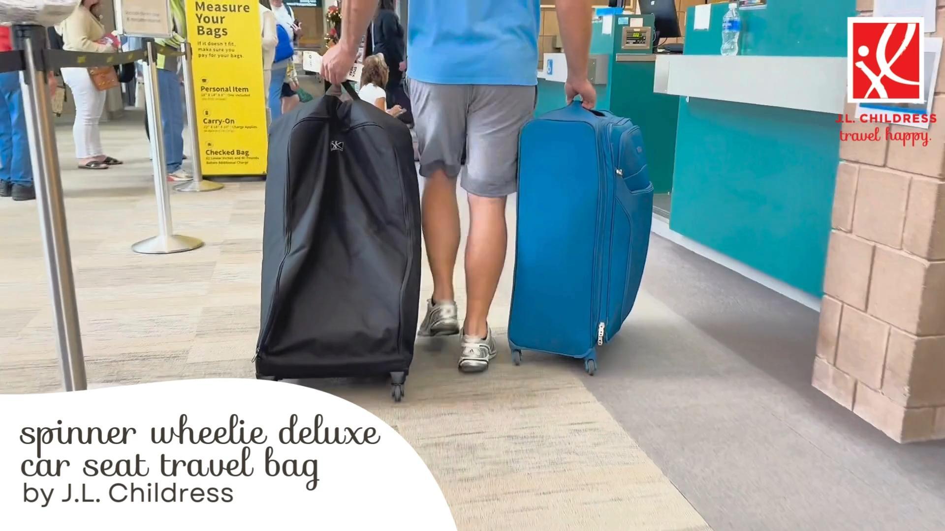 thumbnail video image 2 of J.L. Childress Spinner Wheelie Deluxe Padded Travel Bag & Carrier for your Car Seat. Black, 2 of 9