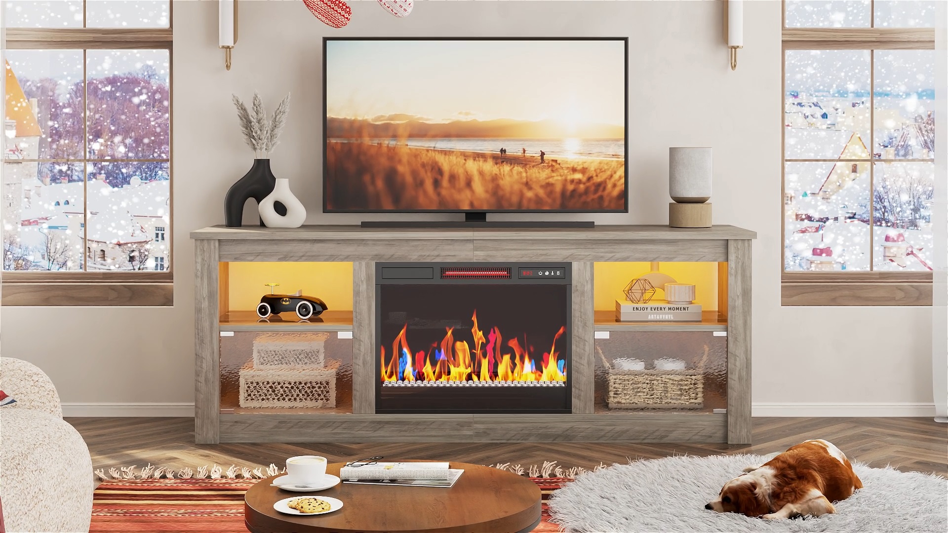 thumbnail video image 2 of Bestier 63" Fireplace TV Stand for TVs Up to 70 inch, Entertainment Center with Electric Fireplace, Storage Cabinets, LED Lights, Open Shelves and Cable Holes, Media Console for Living Room, Grey, 2 of 11