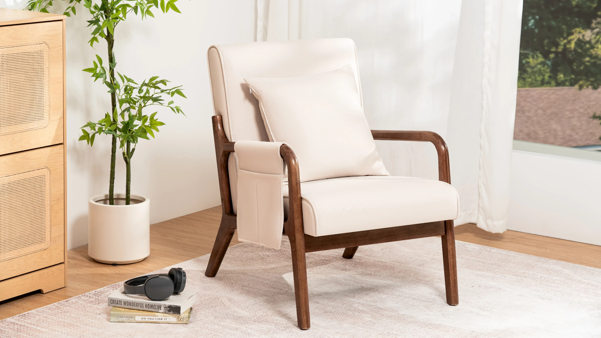 thumbnail video image 2 of Hommpa Accent Chair with Armrest Mid Century Arm Chair Linen Fabric Armchair with Lumbar Pillow & Wood Frame for Living Room, Bedroom, Balcony, Beige, 2 of 12