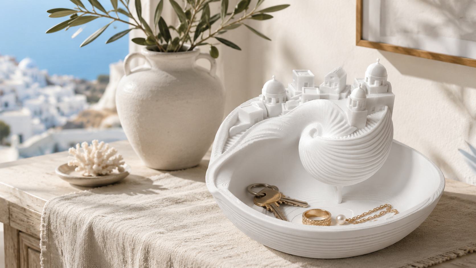 thumbnail video image 2 of Santorinistyle Catchall Bowl, 3D Printed Catchall Bowl Catch All Tray Organizer, Greek Island Organizer Desktop Decor, Shell Tray for Keys Coins & Jewelry, Practical Gift for Home Office Housewarming, 2 of 8