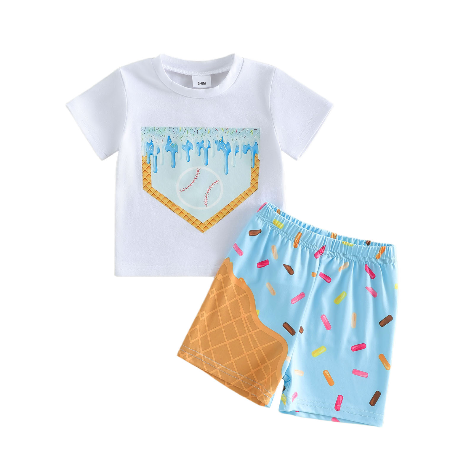 thumbnail video image 2 of AceBaby Toddler Baby Boys Summer Clothes Set 3M-3T Ice Cream Baseball Print Short Sleeve T-Shirts and Shorts 2Pcs Outfits, 2 of 10