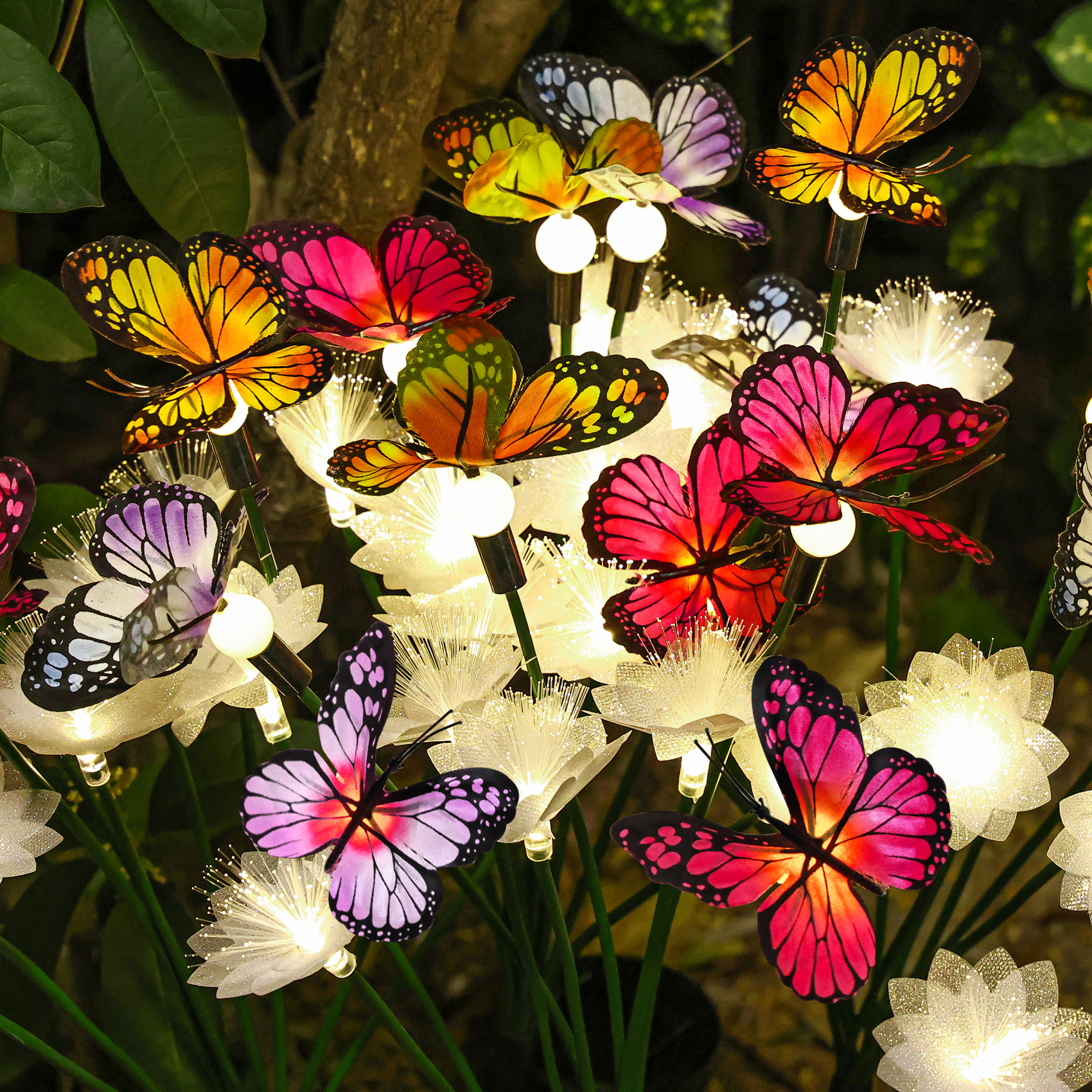 thumbnail video image 2 of Solar Garden Lights,2 Pack Latest Fiber Optic Cherry Blossom And Butterfly Lights,Outdoor Solar Lights, 2 of 7