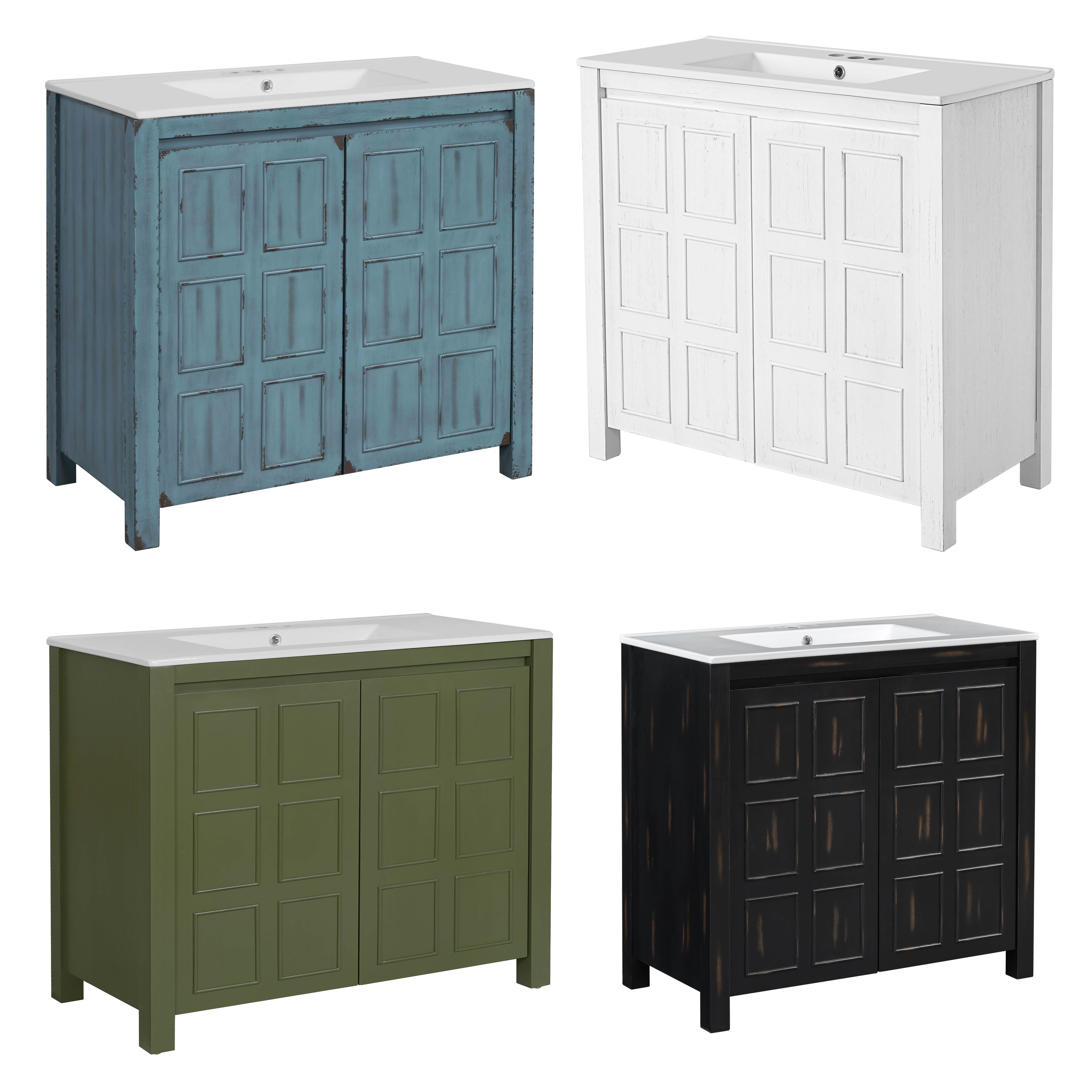 thumbnail video image 2 of viswild 36" Bathroom Vanity with Ceramic Sink Vintage Espresso Durable Solid Wood Storage Cabinet Soft Close Doors Distressed Finish, Retro Blue, 2 of 9