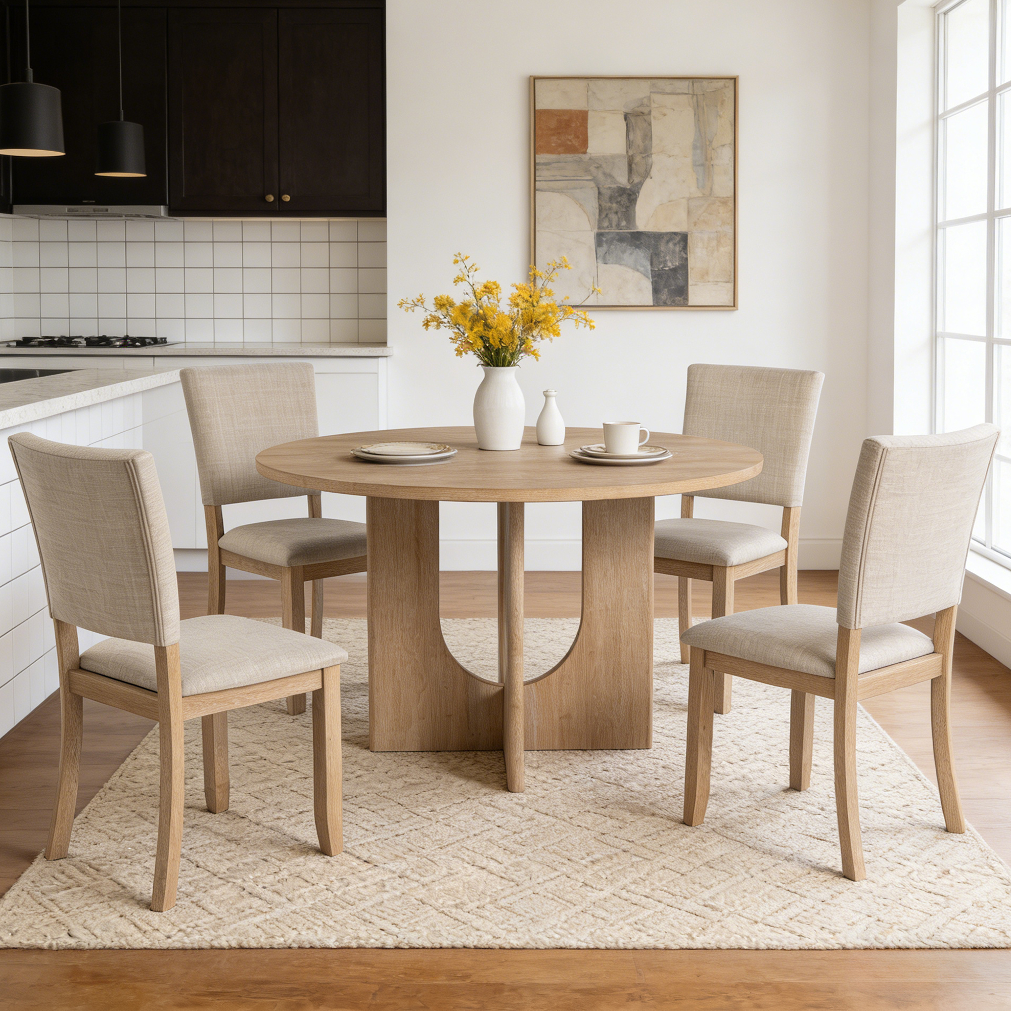 thumbnail video image 2 of Leovanni Modern 47" 5-Piece Solid Wood Round Dining Table Set with 4 Upholstered Chairs, Pedestal Base Kitchen & Dining Room Set, Natural, 2 of 14