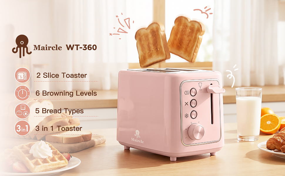 thumbnail video image 2 of Maircle 2 Slice Toaster, Bread Toaster With Extra Wide Slots,6 Browning Settings, Defrost/Cancel/Bagel Button For Bagels, Waffles, Bread, 2 of 8