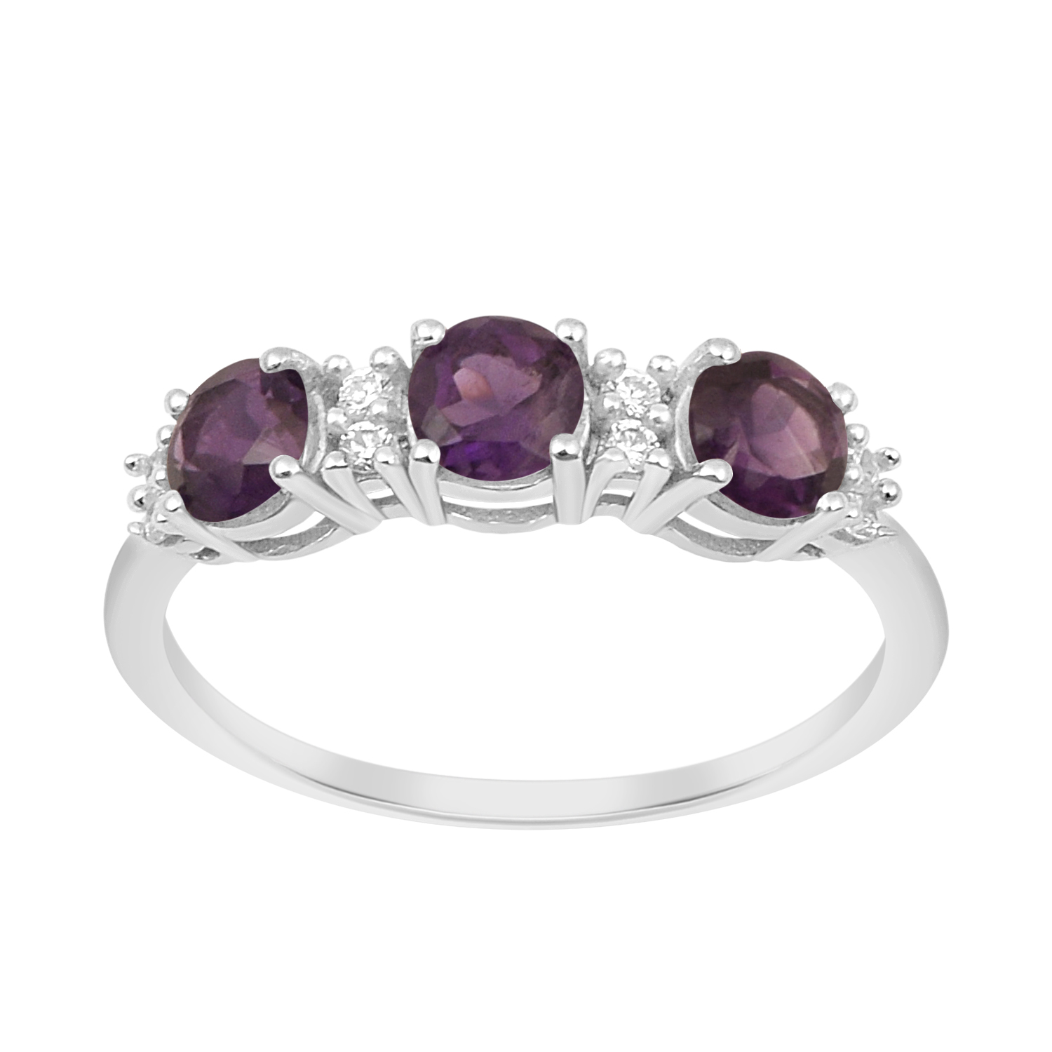 thumbnail video image 2 of 4mm Round Shape Amethyst 925 Sterling Silver Three Stone Women Anniversary Ring, 2 of 7