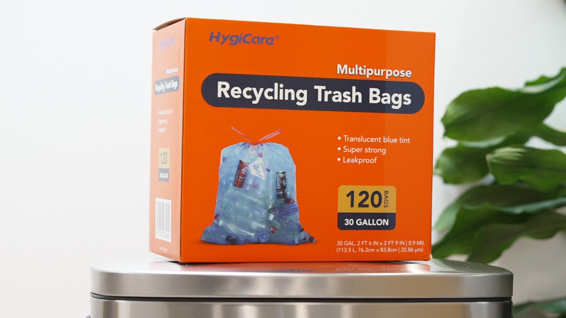 thumbnail video image 2 of HygiCare Recycling Trash Bags, 30 Gallon, 120 Count, Unscented, Super Strong, Leakproof, Translucent Blue, 2 of 9