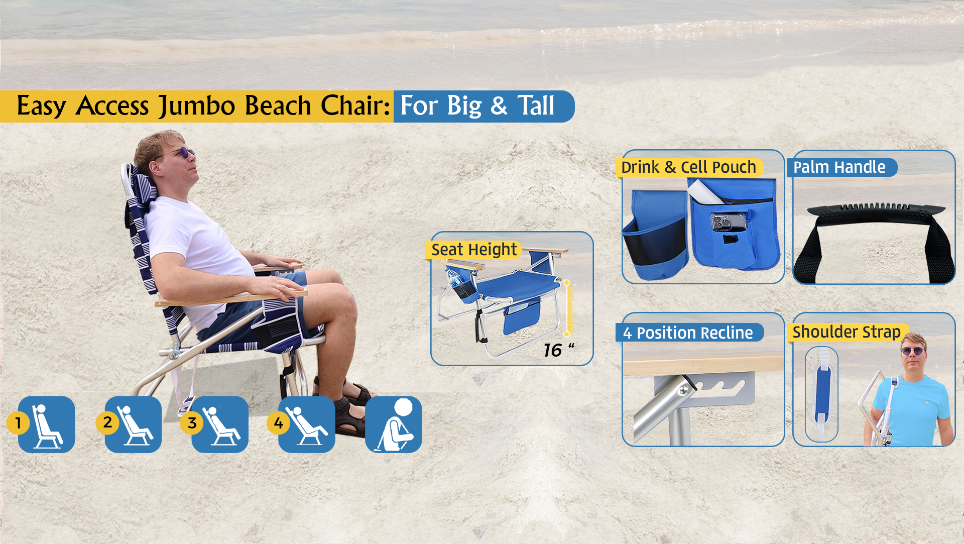 thumbnail video image 2 of Big Jumbo 500 lbs XL Wide Heavy Duty Beach Chair for Big & Tall Adults, Aluminum Tubing - 4 Reclining Positions, 2 of 9
