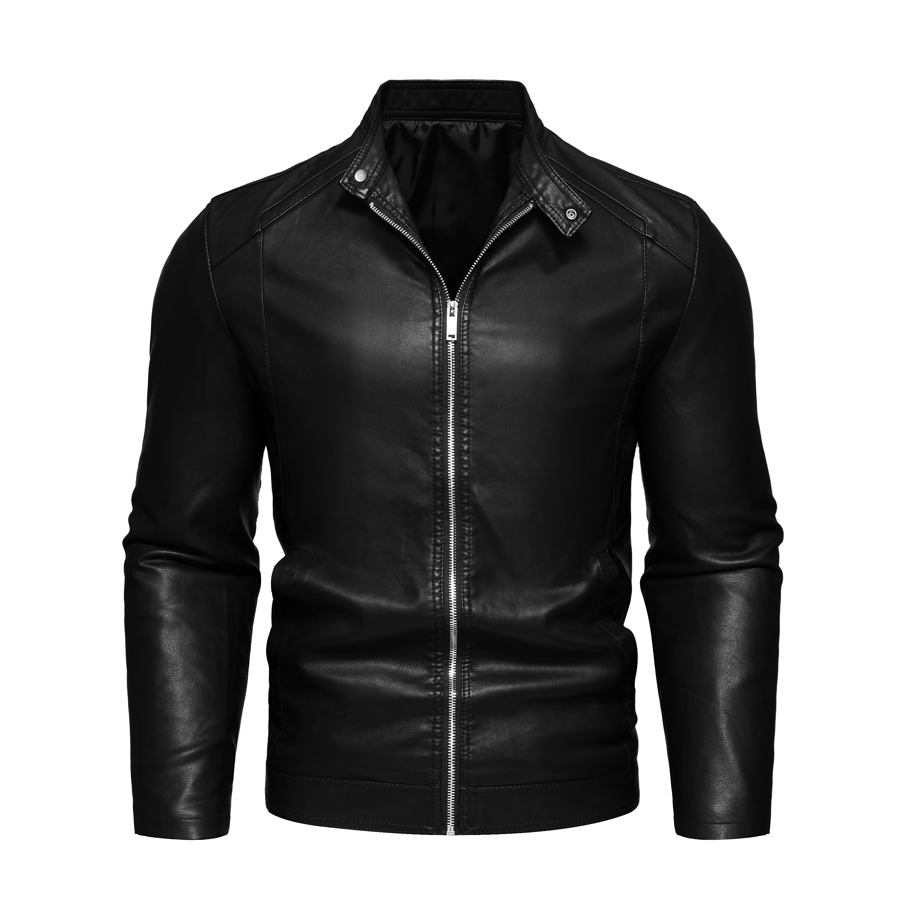 thumbnail video image 2 of Men's stand-up collar PU leather jacket spring and autumn new jacket handsome motorcycle suit stand-up collar faux leather fashion slim jacket, 2 of 10