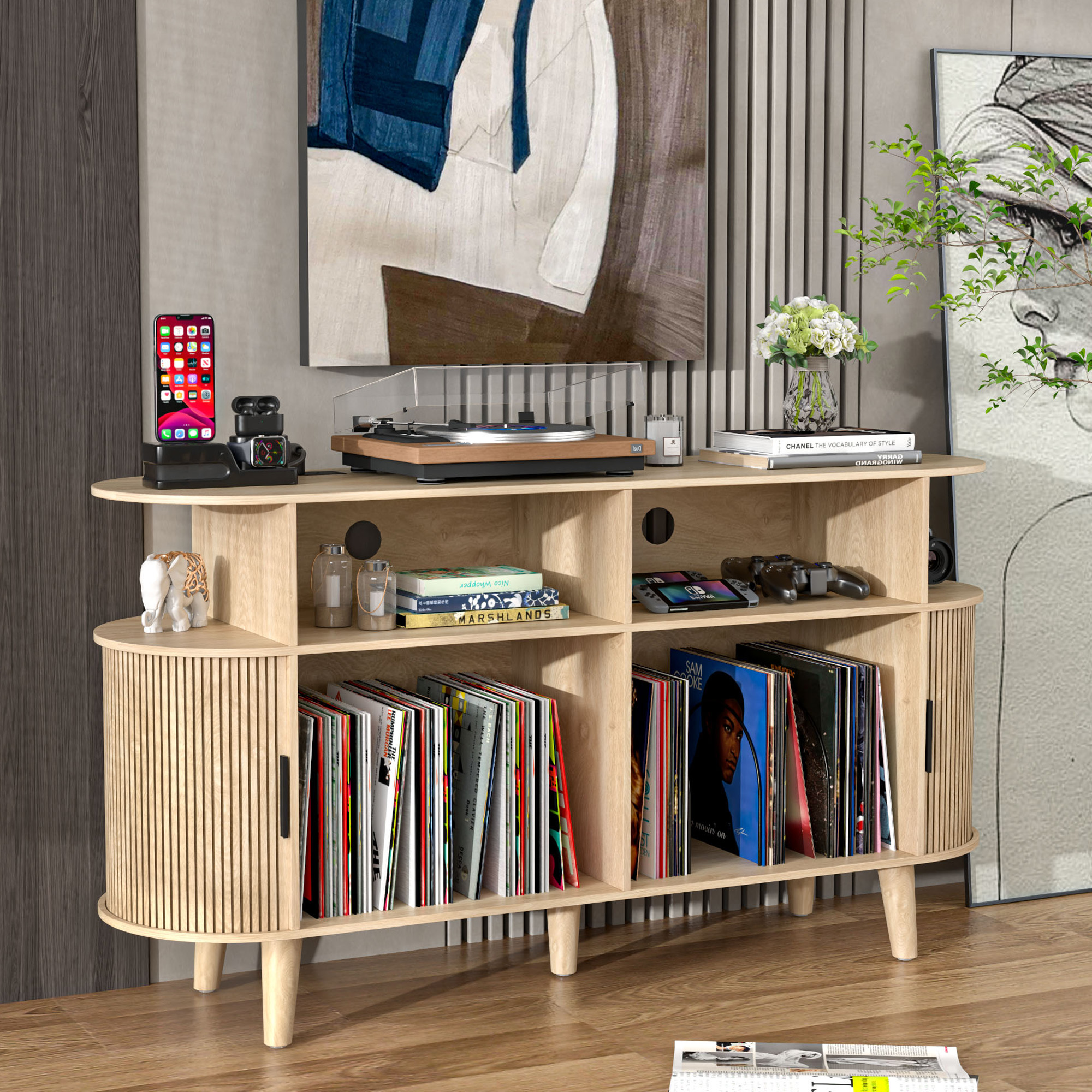 thumbnail video image 2 of Record Player Stand with Charging Station, Vinyl Record Storage Cabinet, Mid-Century Modern Turntable Stand for Living Room, Oak Color, 2 of 9