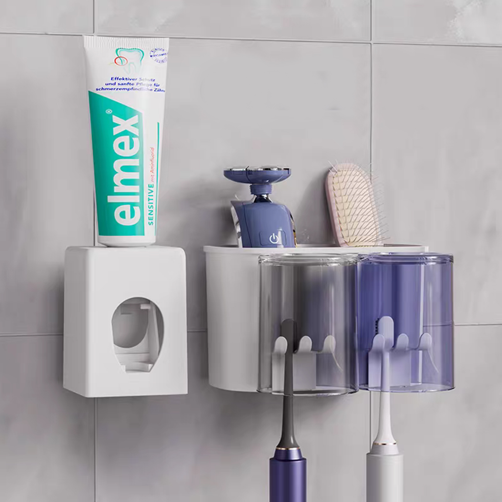 thumbnail video image 2 of Xugoox Wall-Mounted Toothbrush Holder with Automatic Toothpaste Dispenser, 4 Toothbrush Slots, 2 Toothpaste Cups, Suitable for Kids and Adults, Couple's Style., 2 of 12