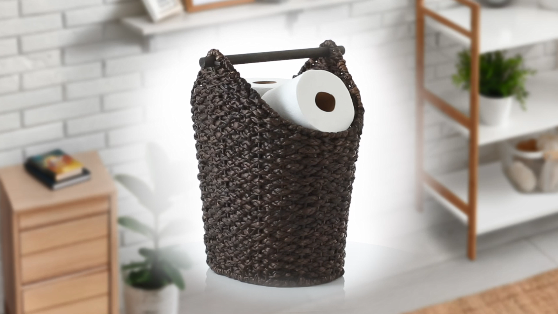 thumbnail video image 2 of Casafield Toilet Paper Roll Holder Storage Basket with Wood Bar - Natural, Woven Water Hyacinth Wicker Bathroom Tissue Storage Organizer, 2 of 8
