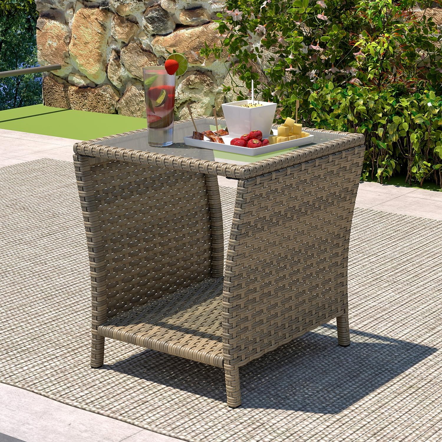 thumbnail video image 2 of Kinbor Outdoor Patio Wicker Side Tables, Outdoor Side Table for Patio w/Storage Shelf, Brown, 2 of 9