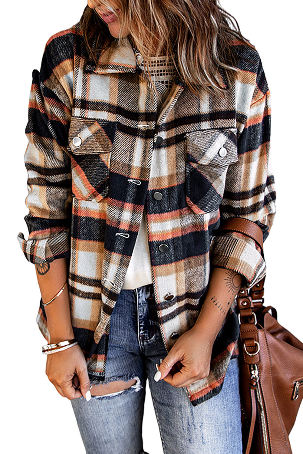 thumbnail video image 2 of Cali Chic Women's Plaid Shacket Button Down Jacket Celebrity Blue Geometric Coat Top (multicolor, medium), 2 of 11