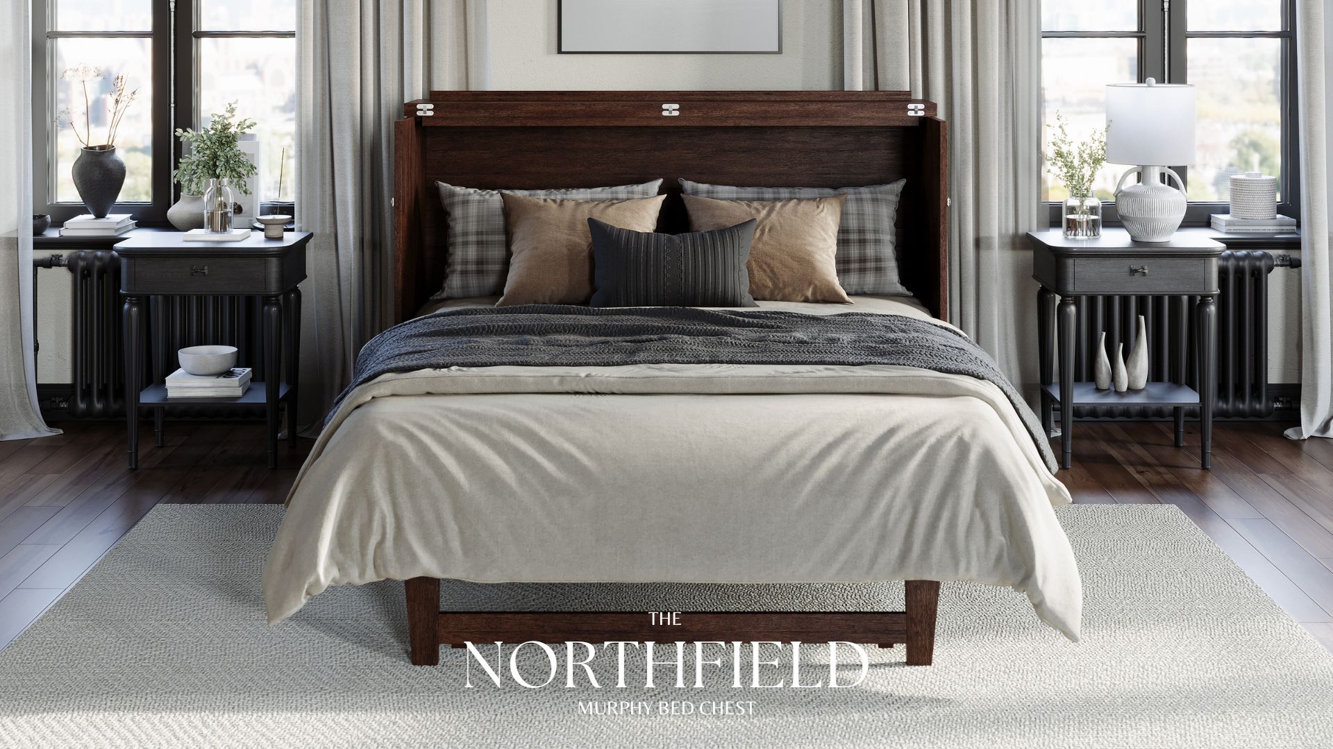 thumbnail video image 2 of AFI Northfield Full Wood Murphy Bed Chest with 6" Mattress, Drawer & Charger, Walnut, 2 of 21