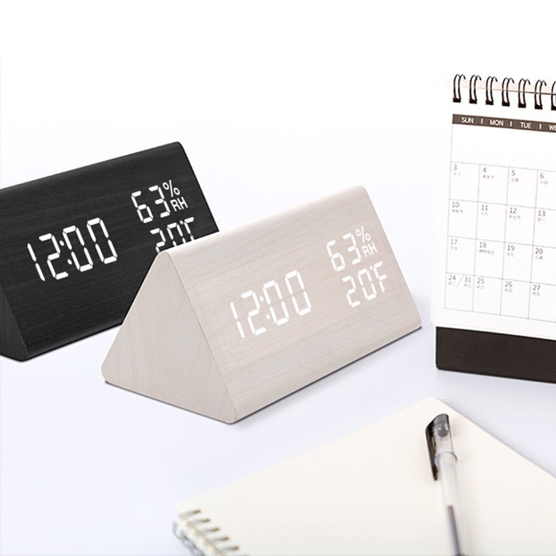 thumbnail video image 2 of Creative triangle alarm clock, time, temperature, humidity display,Black wood + red font, 2 of 10
