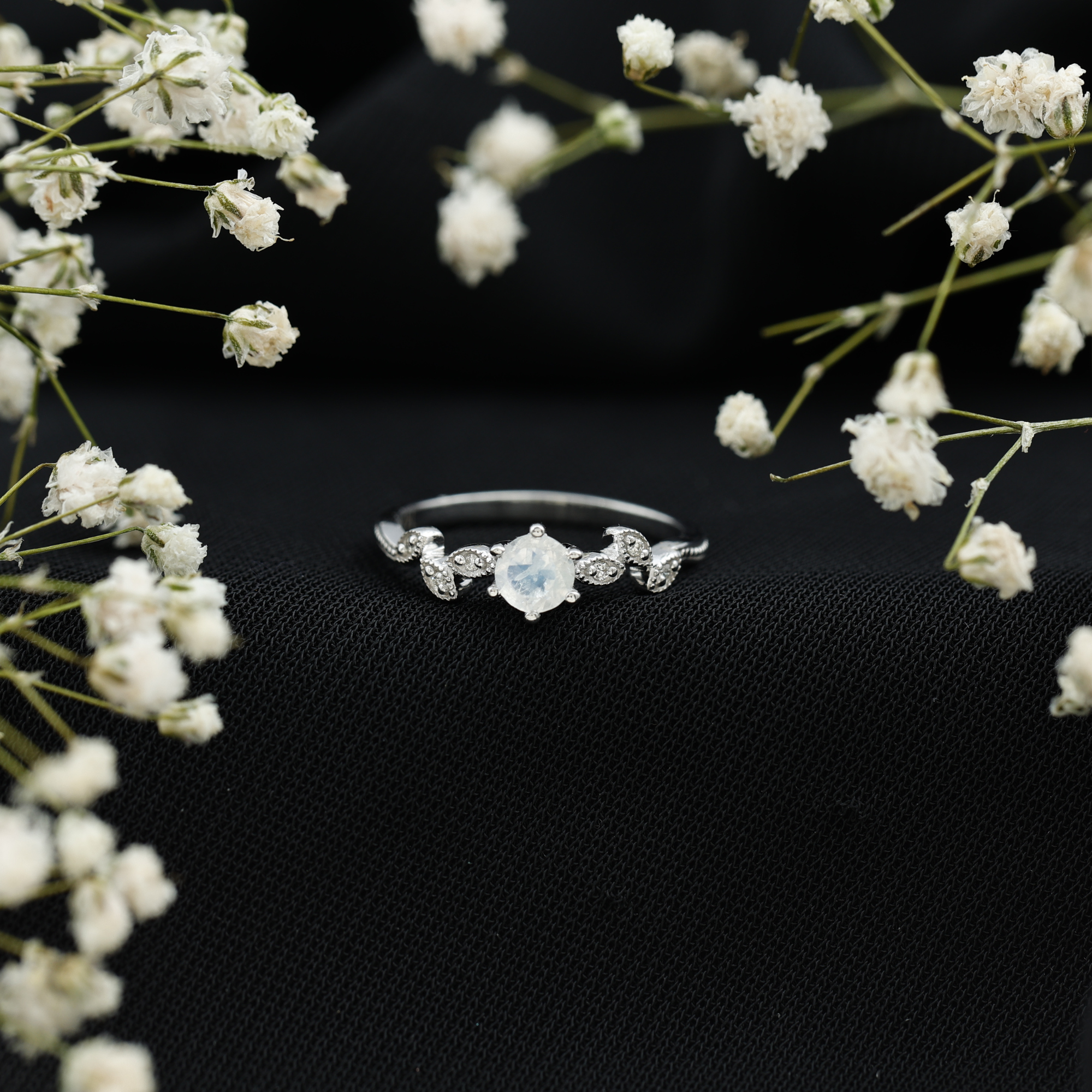 thumbnail video image 2 of Rosec Jewels Moonstone Promise Ring with Diamond, Nature Inspired Leaf Ring - AAA Quality, 925 Sterling Silver, US 9.50, 2 of 8